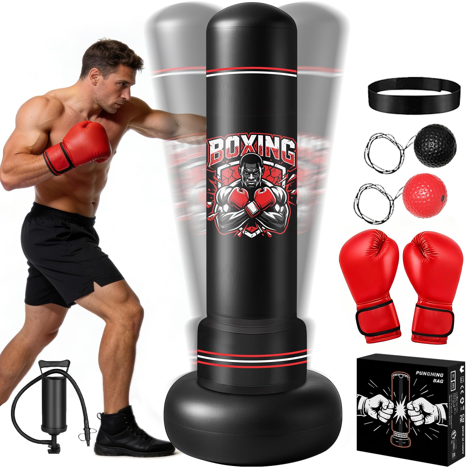 Ninonly Sacco da boxe in piedi per adulti, 190 cm, con guanti e pompa | Sacco da boxe pesante, per donne e uomini, kickboxing, MMA, Muay Thai, fitness, principianti, installazione rapida