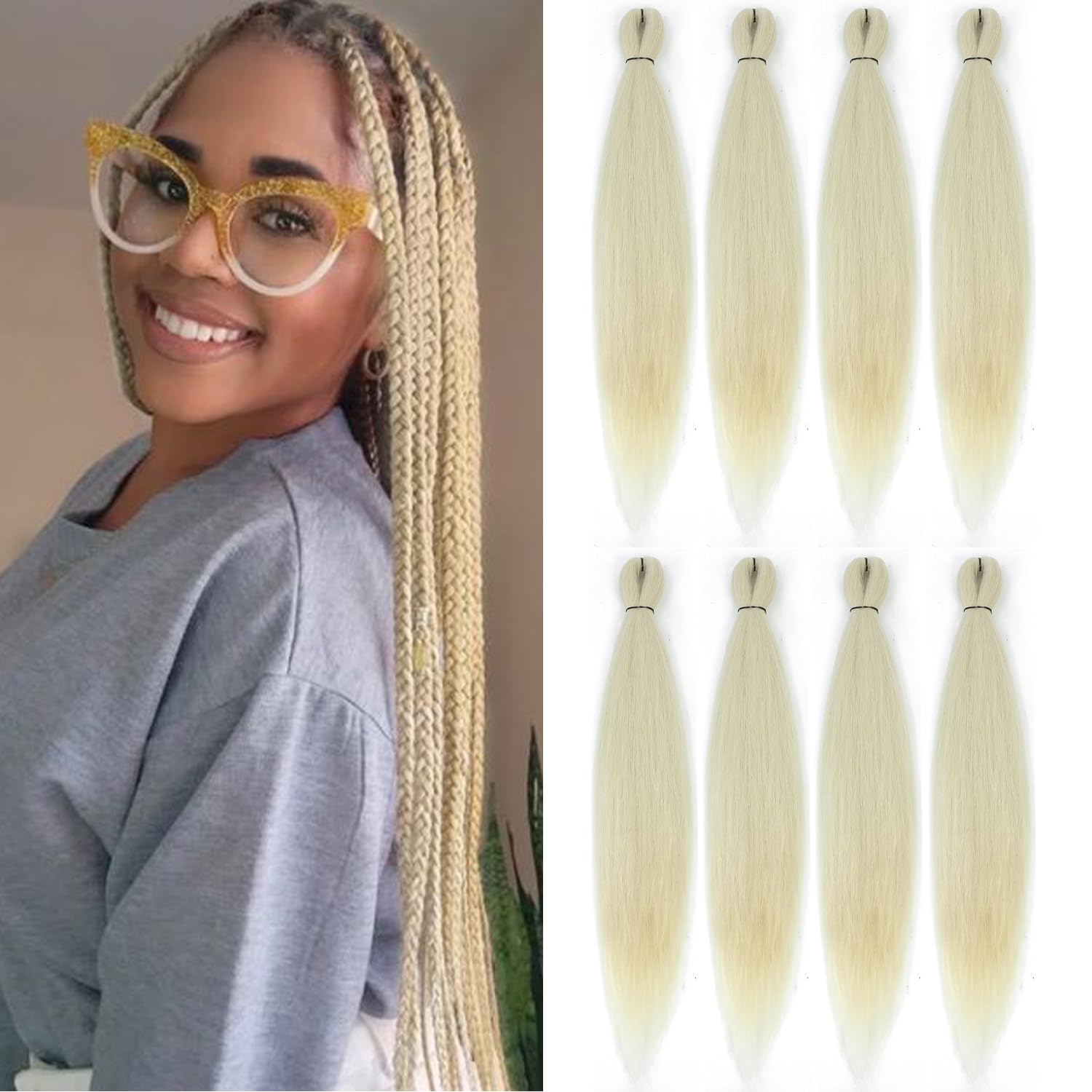 DIFUNEE Pre-stretched Braiding Hair - 24 Inch 8 Packs Off-White Long Braiding Hair For Twist or Box Braids, Yaki Texture Hot Water Setting Synthetic