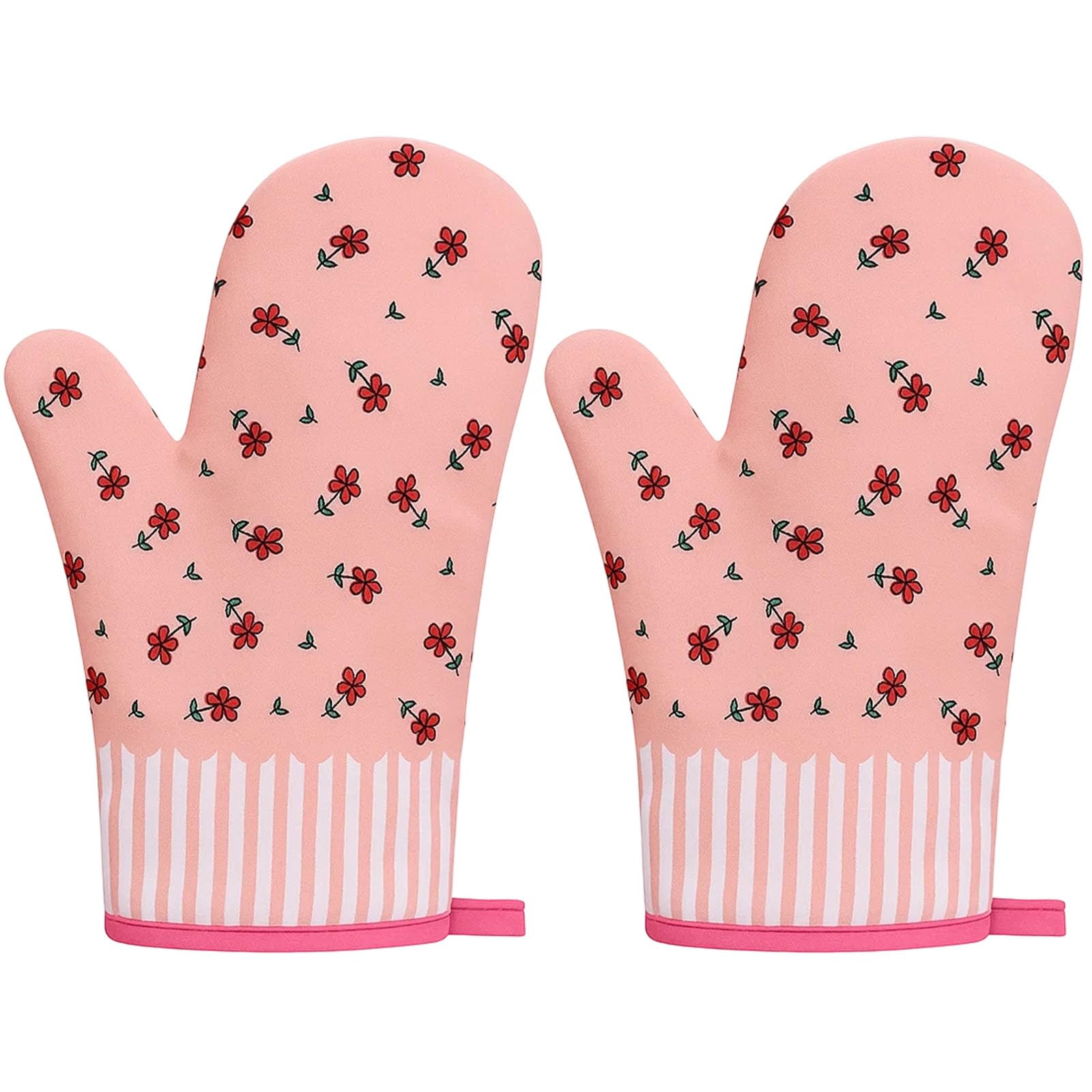 2 Set of 4 Pink Floral Oven Gloves - Heat Resistant Cotton Oven Mitts with Non-Slip Grip, Machine Washable Kitchen & Baking Accessories for Cooking