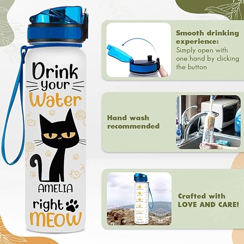 Miniatura 6 de wowcugi Rastreador de botellas de agua de gato negro personalizado con marcador de tiempo, botellas de nombre personalizado de 32 onzas, regalo para