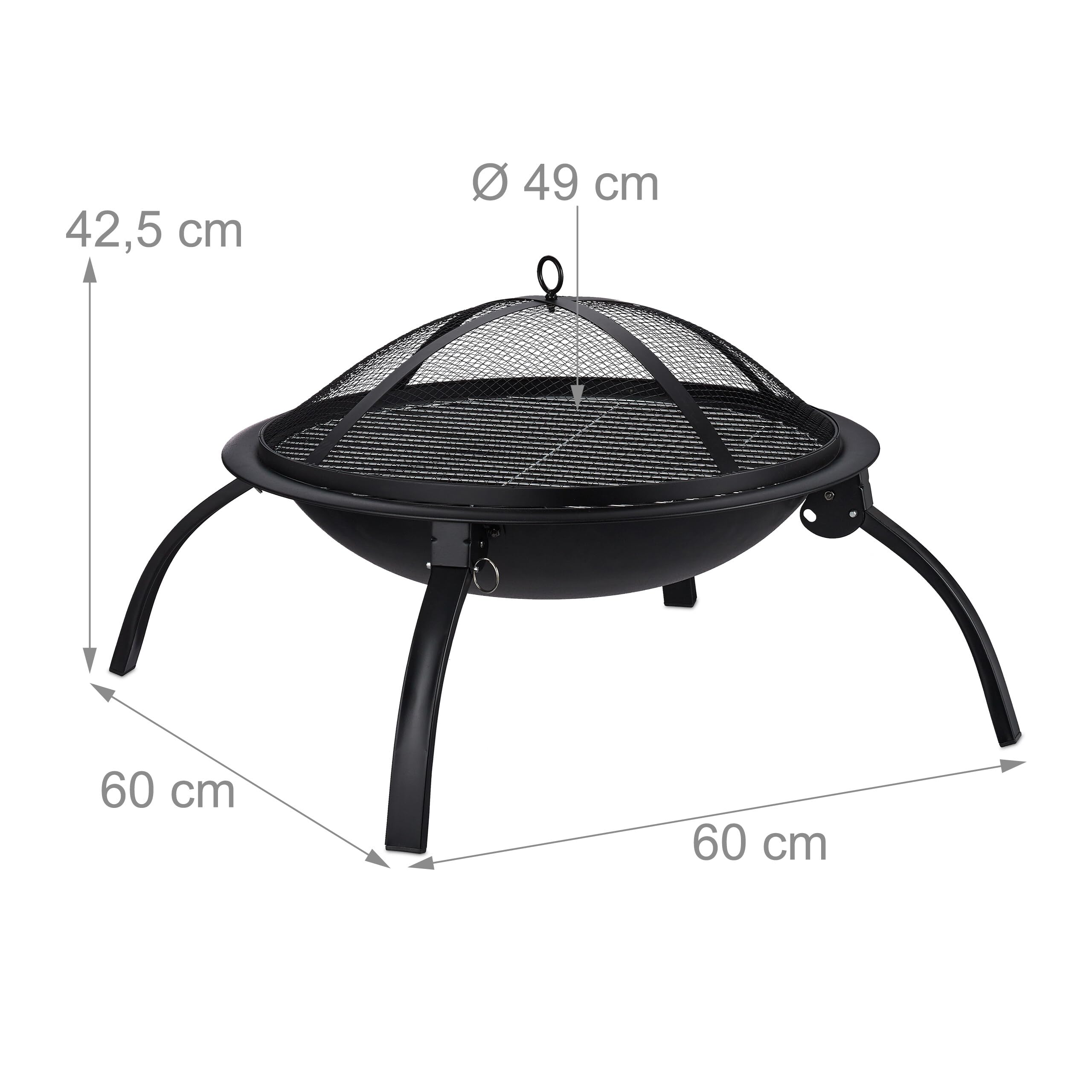 Relaxdays Palenisko XL z torbą, ruszt do grilla, pogrzebacz, pokrywa chroniąca przed iskrami, do ogrodu, na taras, średnica 56,5 cm, czarna