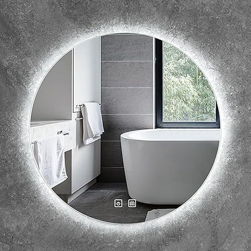 Espejo de baño, espejo de pared redondo, espejo de tocador montado en la pared para baño, espejo colgante con luces, función antivaho (color blanco,