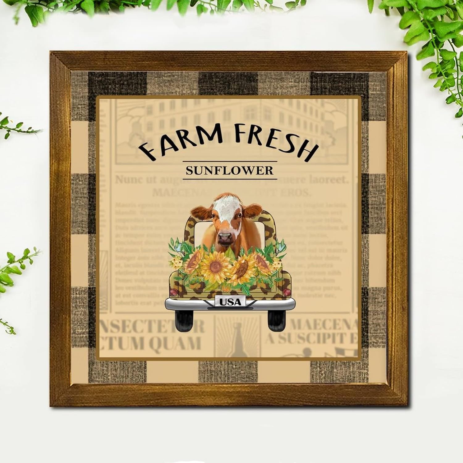 Farm Fresh Sunflower Wood Framed Signs Farm Cow Sunflower Flower Leopard Truck Wood Plank Hanging Sign Vintage Nature Plants Wall Art Home Decor for Living Room Bedroom Front Door Office 12x12 inch