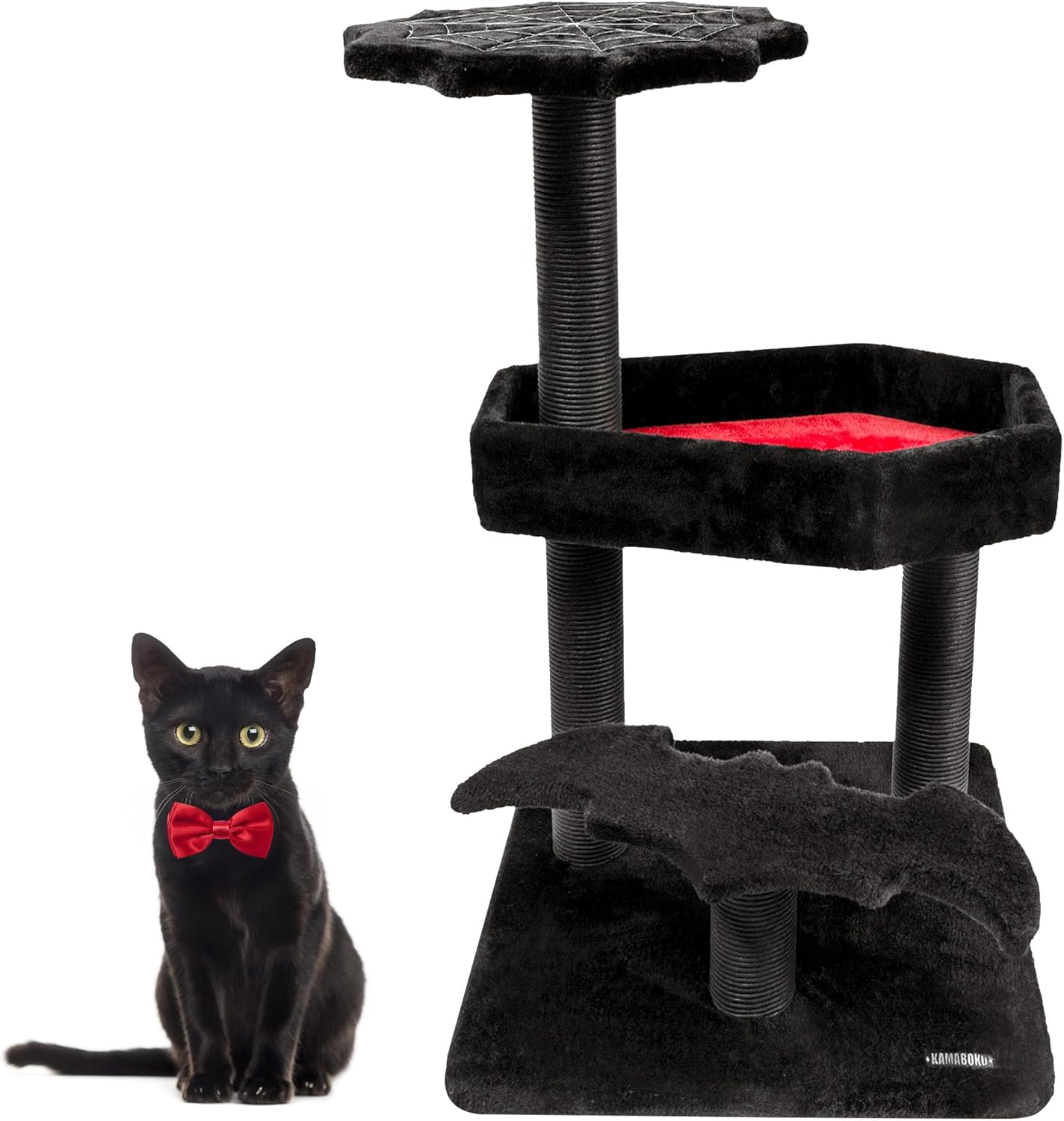 KAMABOKO Gothic Cat Tree, 30.3in Black Cat Tower with Coffin Bed, Cat Condo with Sisal Scratching Posts, Scratching Ramp and Comfort Basket for Indoor Cats