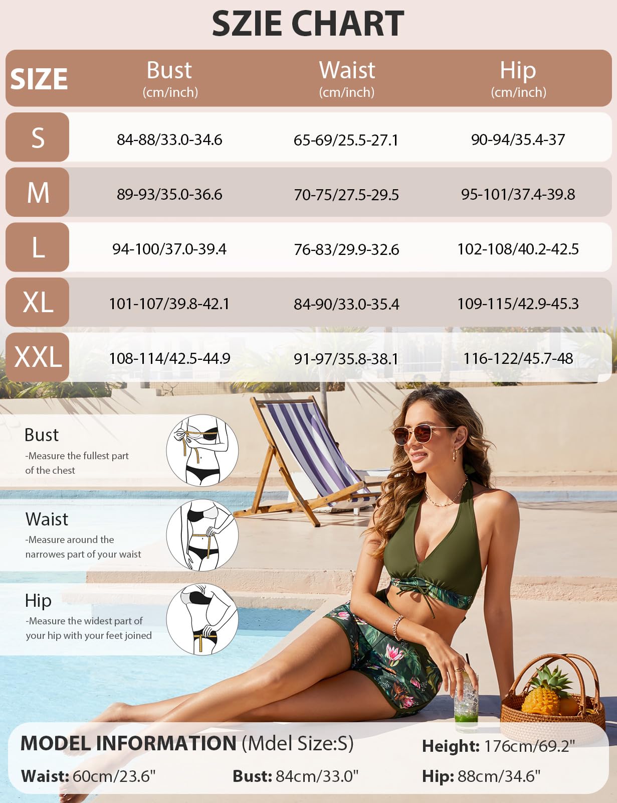 Tuopuda Femme Maillots de Bain Deux Pièces Push-up Col V Bikini Set Ensembles 2 Pièces Haut de Bikini Dos Nu avec Shorty de Bain Taille Haute Imprimé