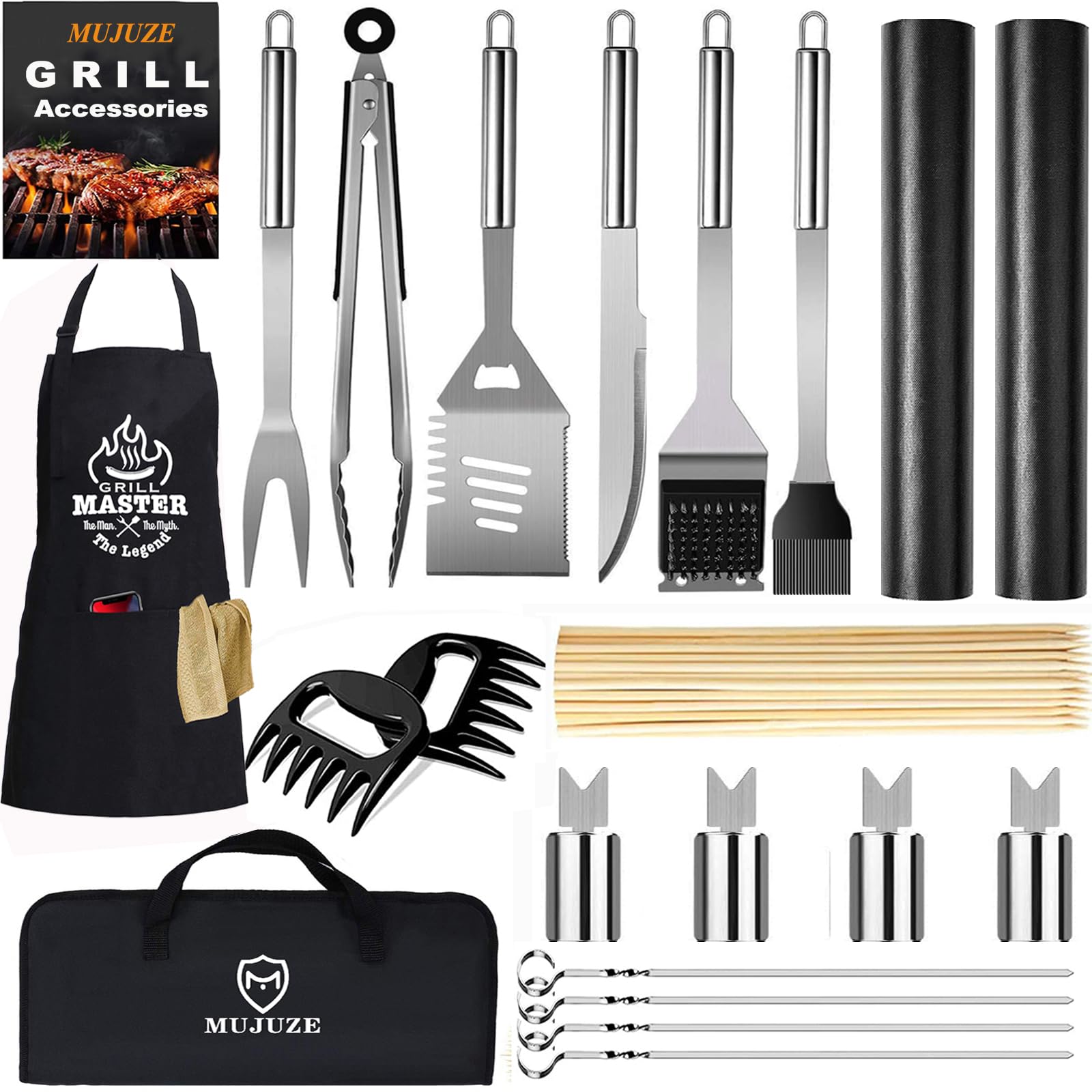 MUJUZE BBQ Tools Set, Stainless Steel BBQ Accessories Set with Storage Bag, BBQ Utensil Set for Garden, Outdoor & Camping - Ideal BBQ Gift for Men, Dad, Husband