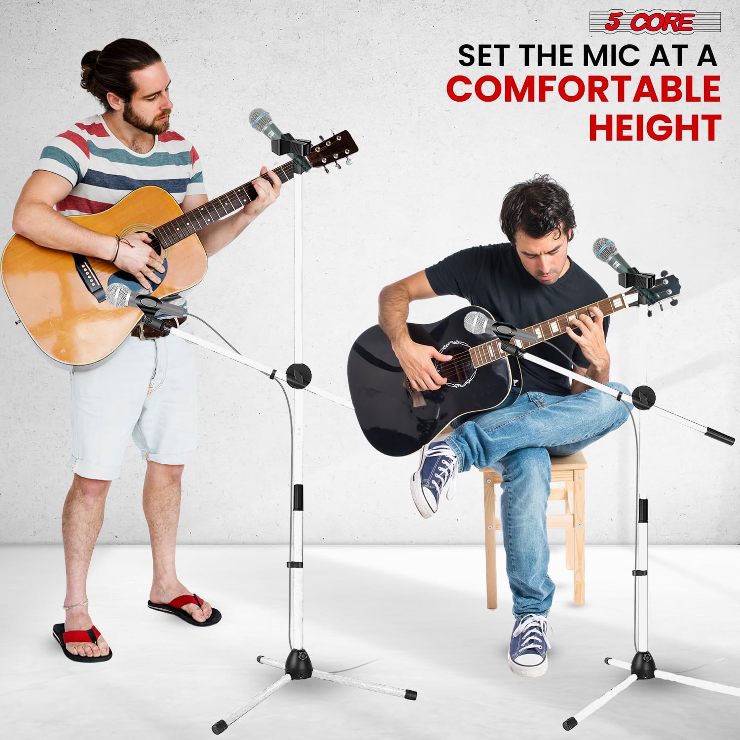 5 Core Mic Stand Floor 2Pc Adjustable 63" Dual Tripod Microphone Stands Hold 2 Mics w Extending Telescoping Boom Arm - MS DBL G WH 2 PCS