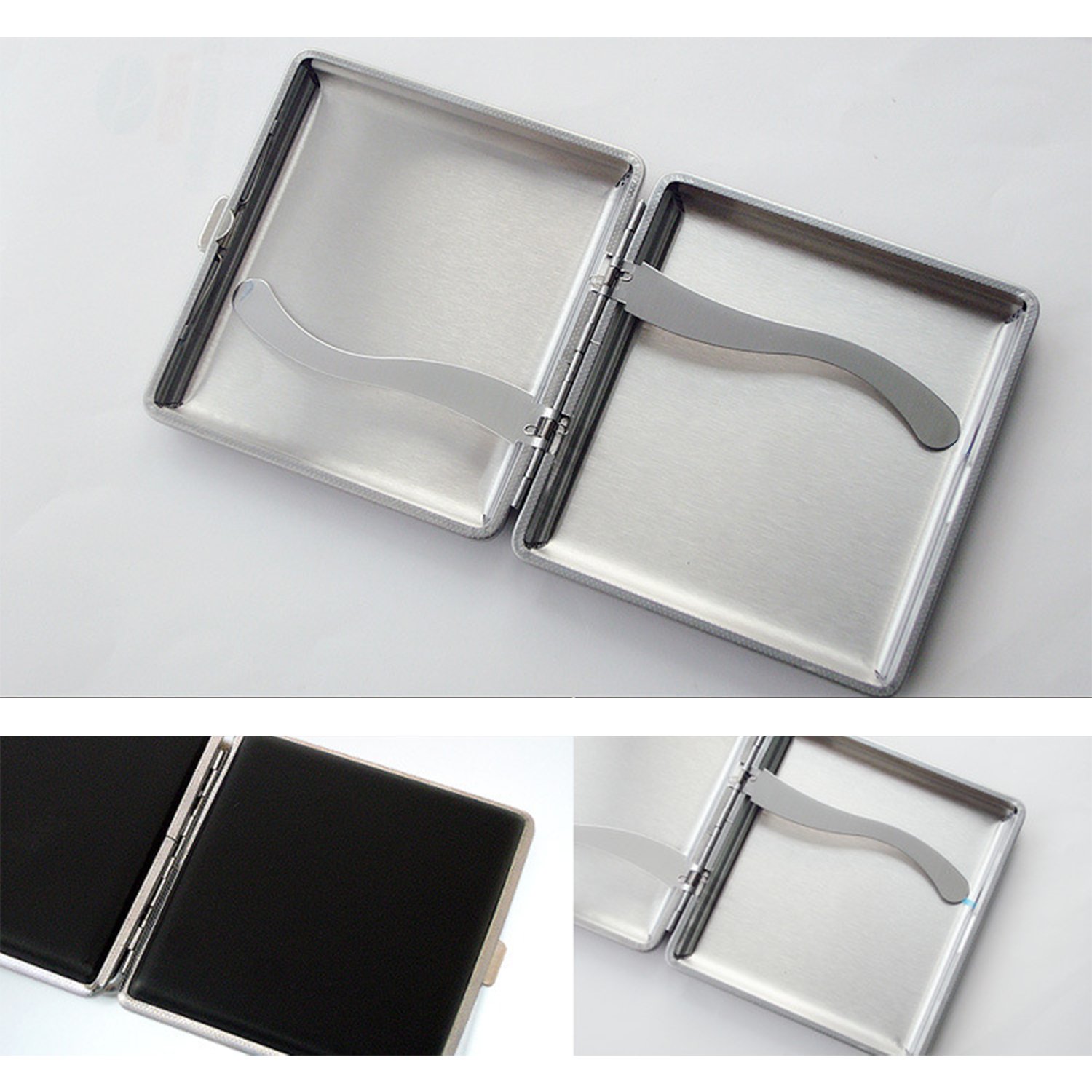 Portasigarette In Metallo E Pelle Nera - Custodia Rigida Per 20 Sigarette - 9,7x9,4x1,9 Cm - Elegante E Compatta