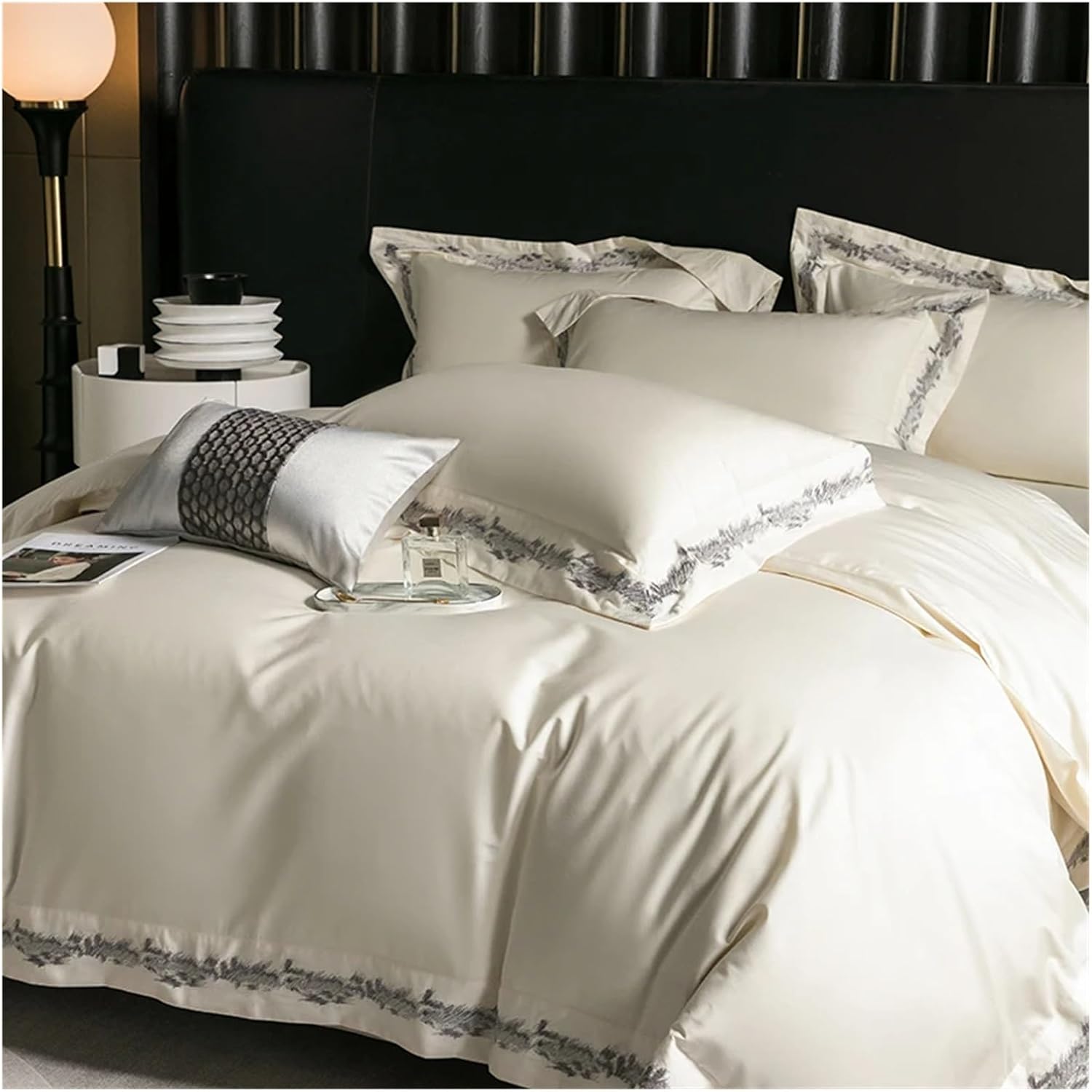 1000TC Egyptian Cotton Jacquard Embroidery Luxury Bedding Set Champagne Gold Black Patchwork Duvet Cover Bed Sheet Pillowcases,Bed