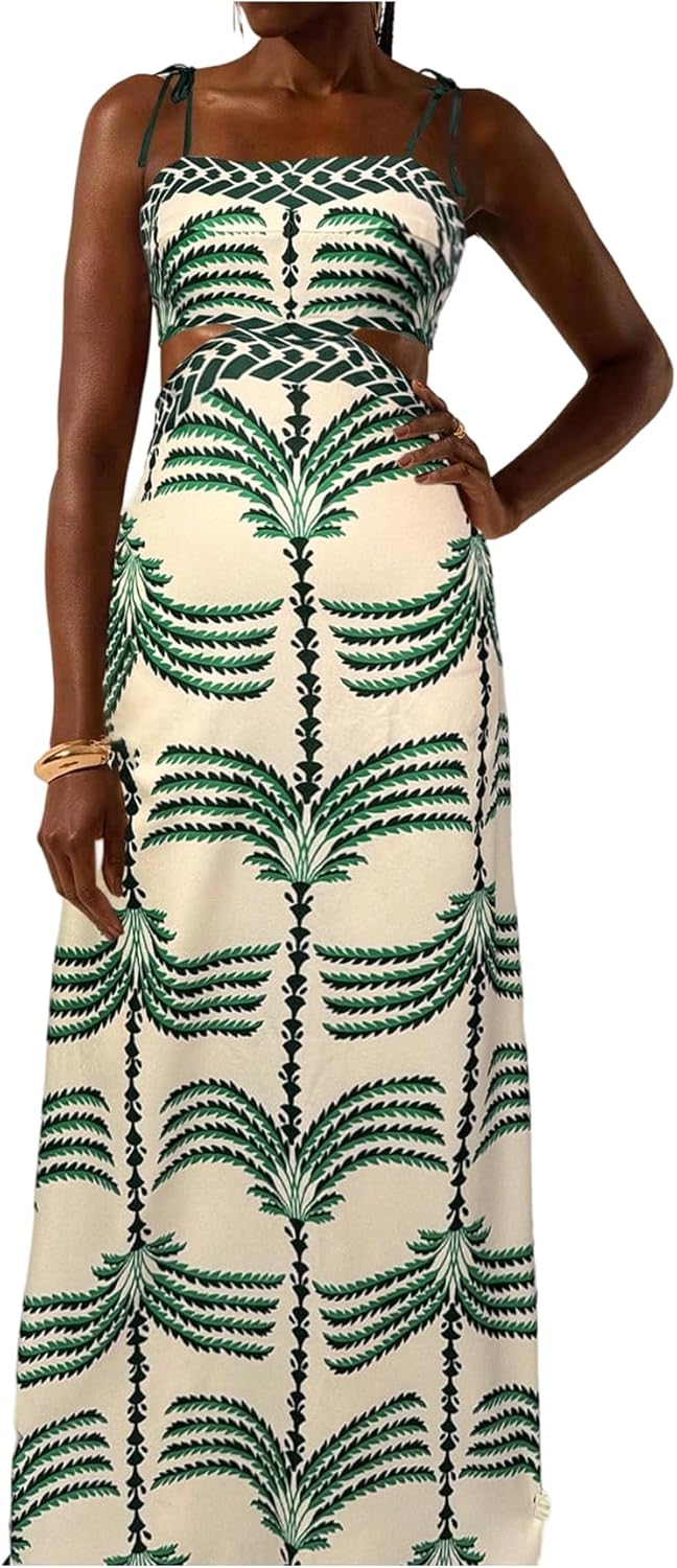 SOLY HUX Women's Summer Maxi Dress Boho Print Tie Shoulder Spaghetti Strap Cut Out Tie Back Cami Dresses Sundress