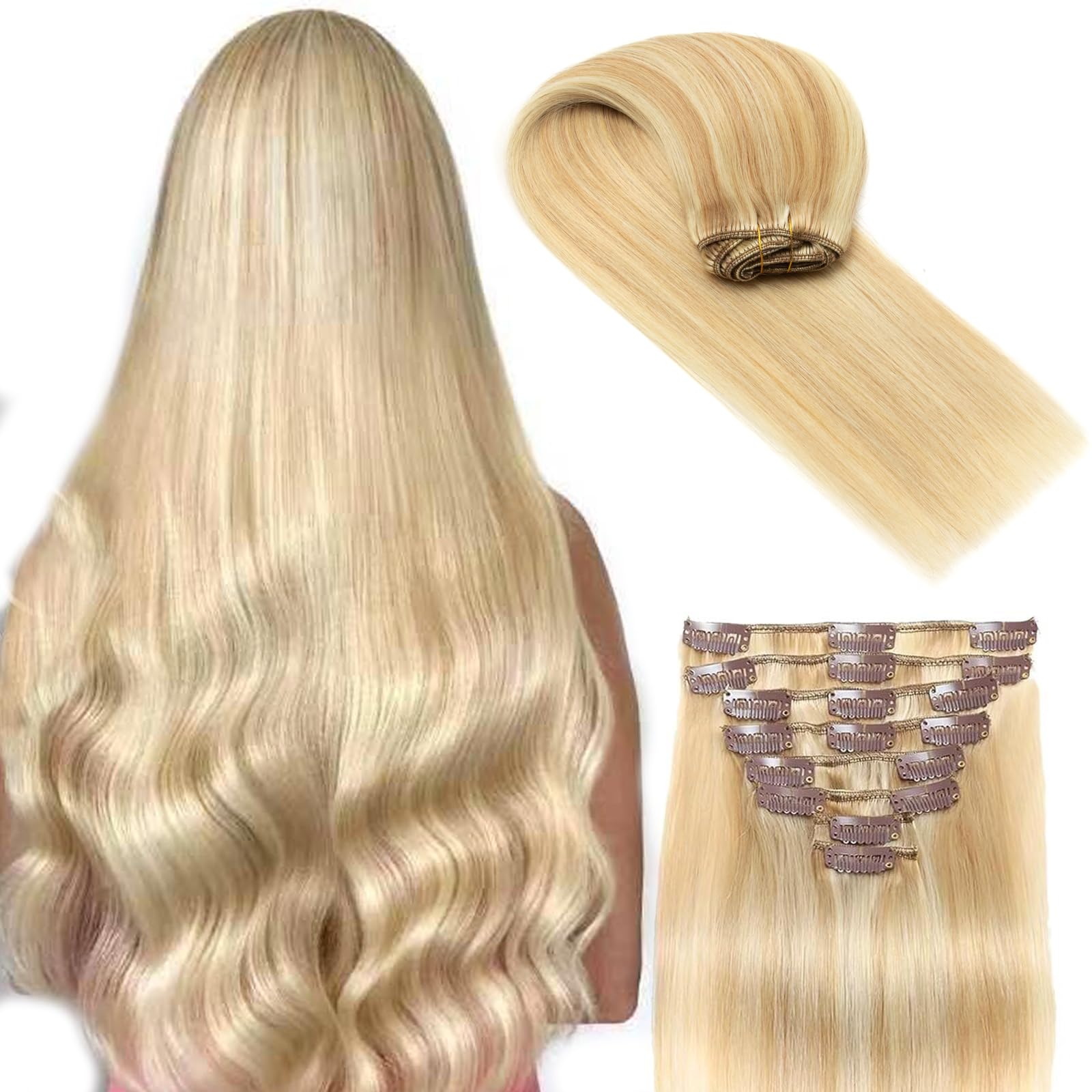 Human Hair Clip in Extensions Dark Blonde Highlighted Bleach Blonde Clip ins 100% Brazilian Remy Real Human Hair Extension for Women 8pcs Per Set including 18 Clips No Tangel (20 Inch #P18/613)