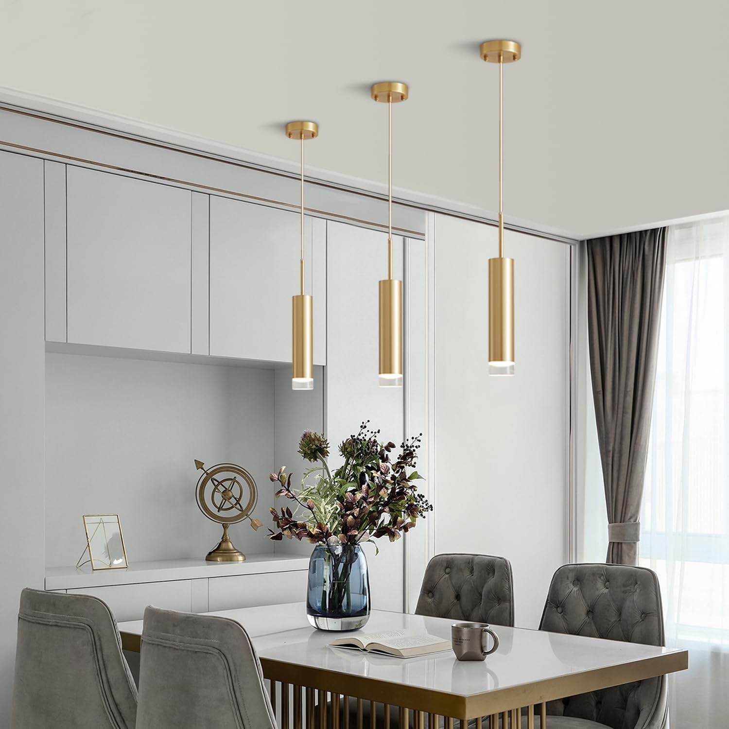 KCO Lámpara Colgante de Tubo Largo con LED Dorado Industrial, Lámpara Colgante de Cilindro en Miniatura de Latón Cepillado de Mediados de Siglo Para Isla de Cocina