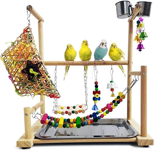 Miniatura 8 de kathson Parque infantil para pájaros, soporte de juego de periquitos, gimnasio de juego de loros con cuencos de comida, soporte de cacatúa con