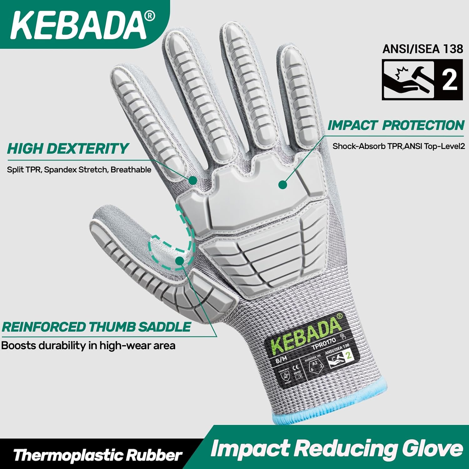 Kebada Impact Protection Gloves, ANSI A2 Cut Resistant Work Gloves with Grip, Touchscreen, Sandy Nitrile Coated