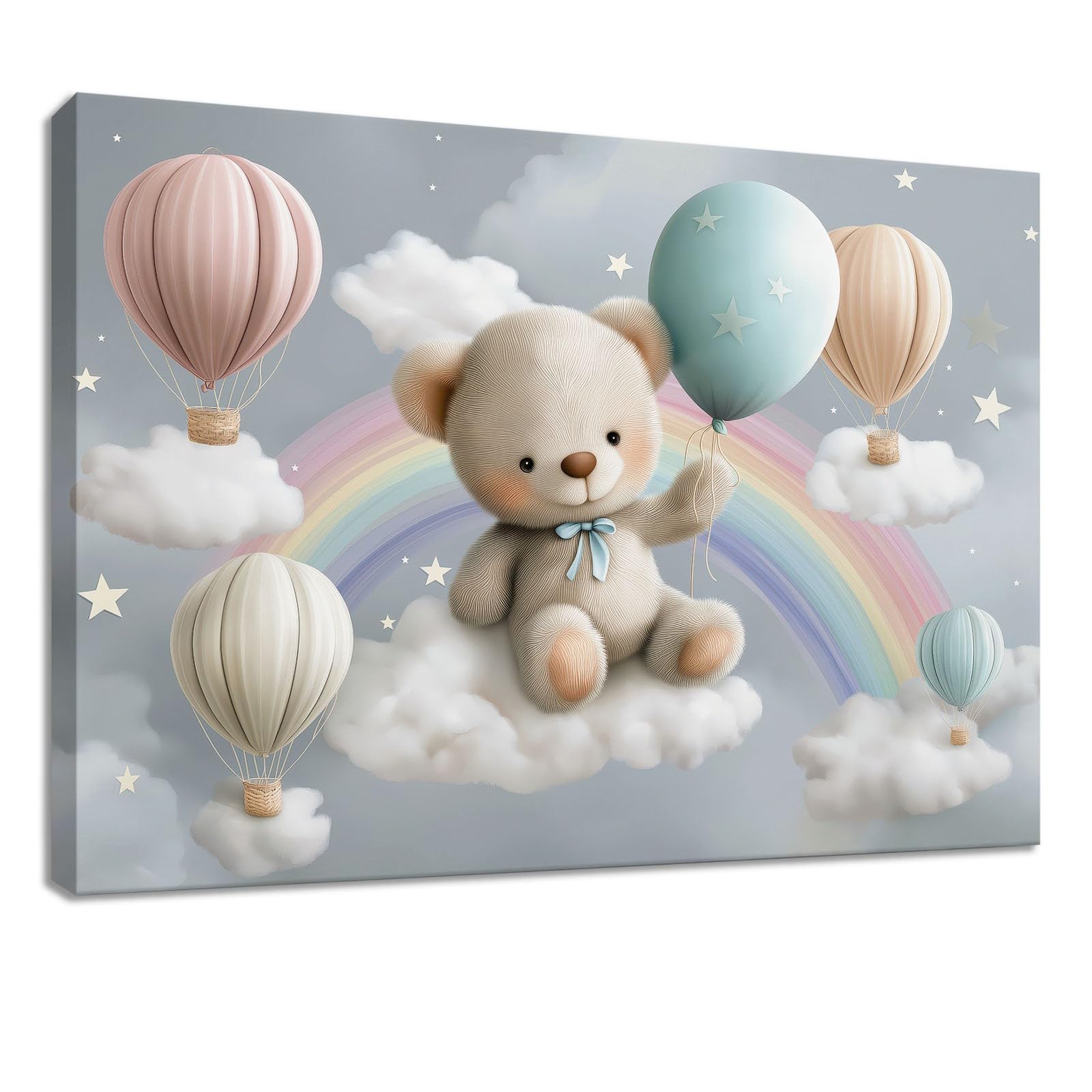 Leinwand Bilder Cartoon 90 x 60 cm Kinder Wandbilder Kunstdrucke, Grau Teddybär Luftballons Wolken - Panorama Wanddekoration für Wohnzimmer Schlafzimmer
