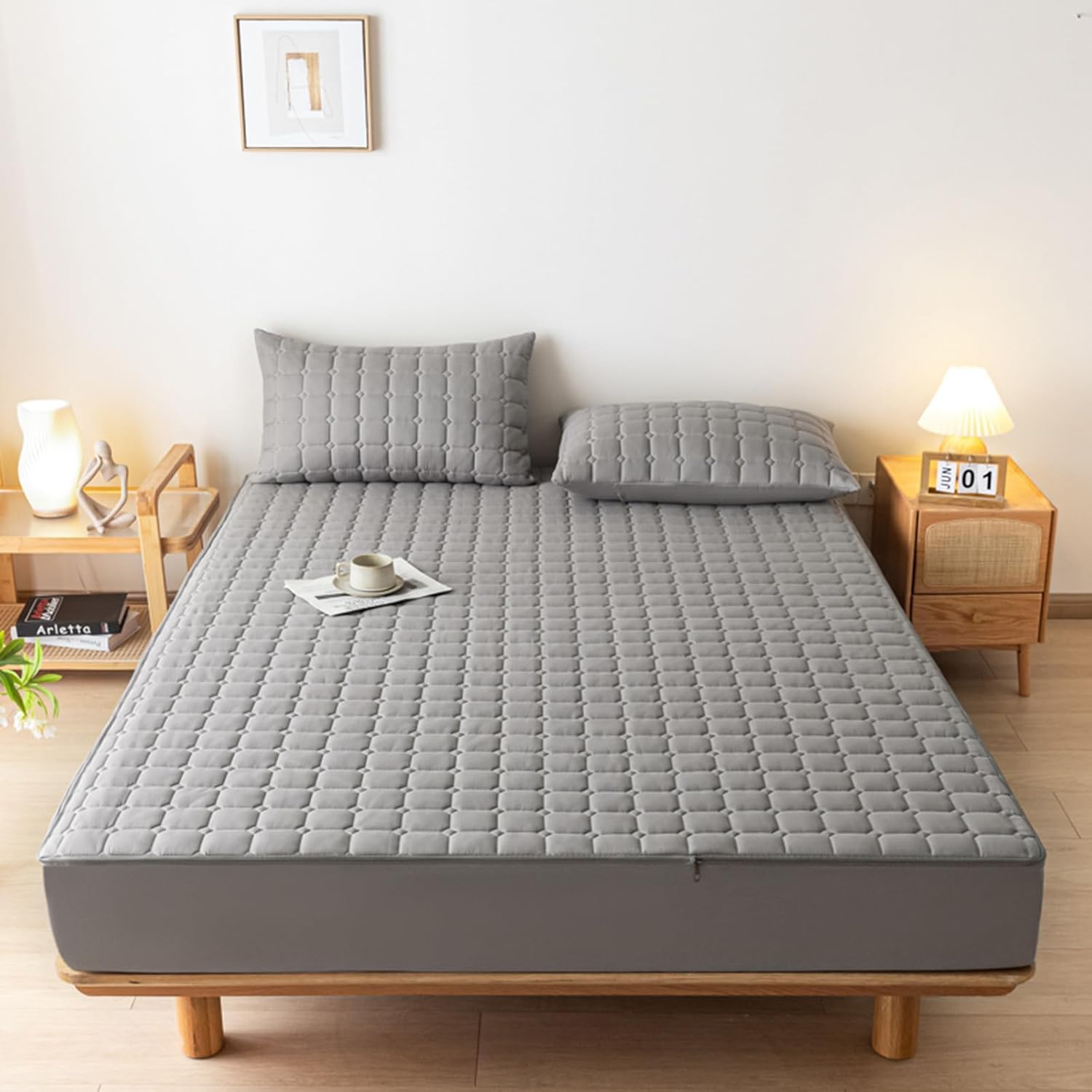 Weicher, waschbarer, wasserdichter Matratzenschoner, verdickt, grau, 200 x 220 + 15 cm, ideal zur Linderung von Allergien und Flecken.
