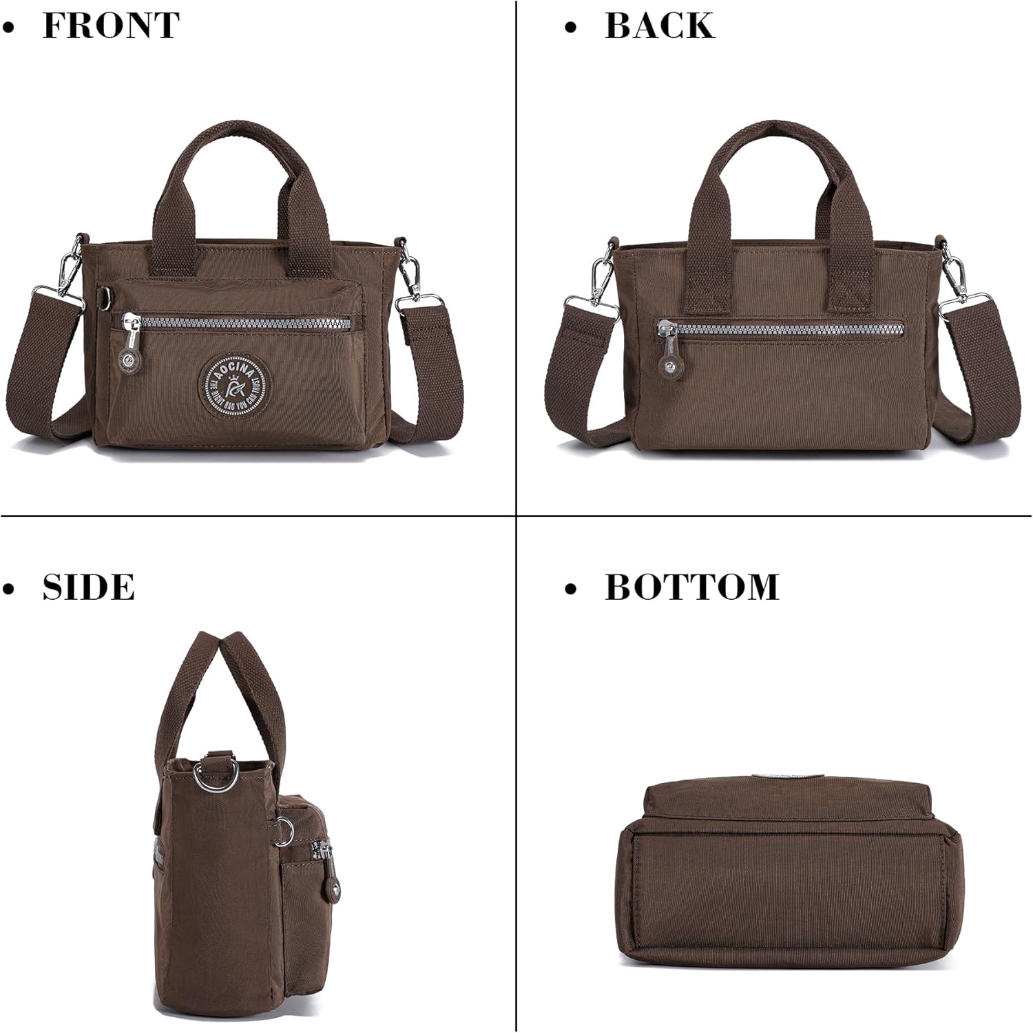 AOCINA Small Tote Bag With Zipper Mini Nylon Crossbody Bags for Women Work Everyday Multi Pocket Lightweight Satchel Purse