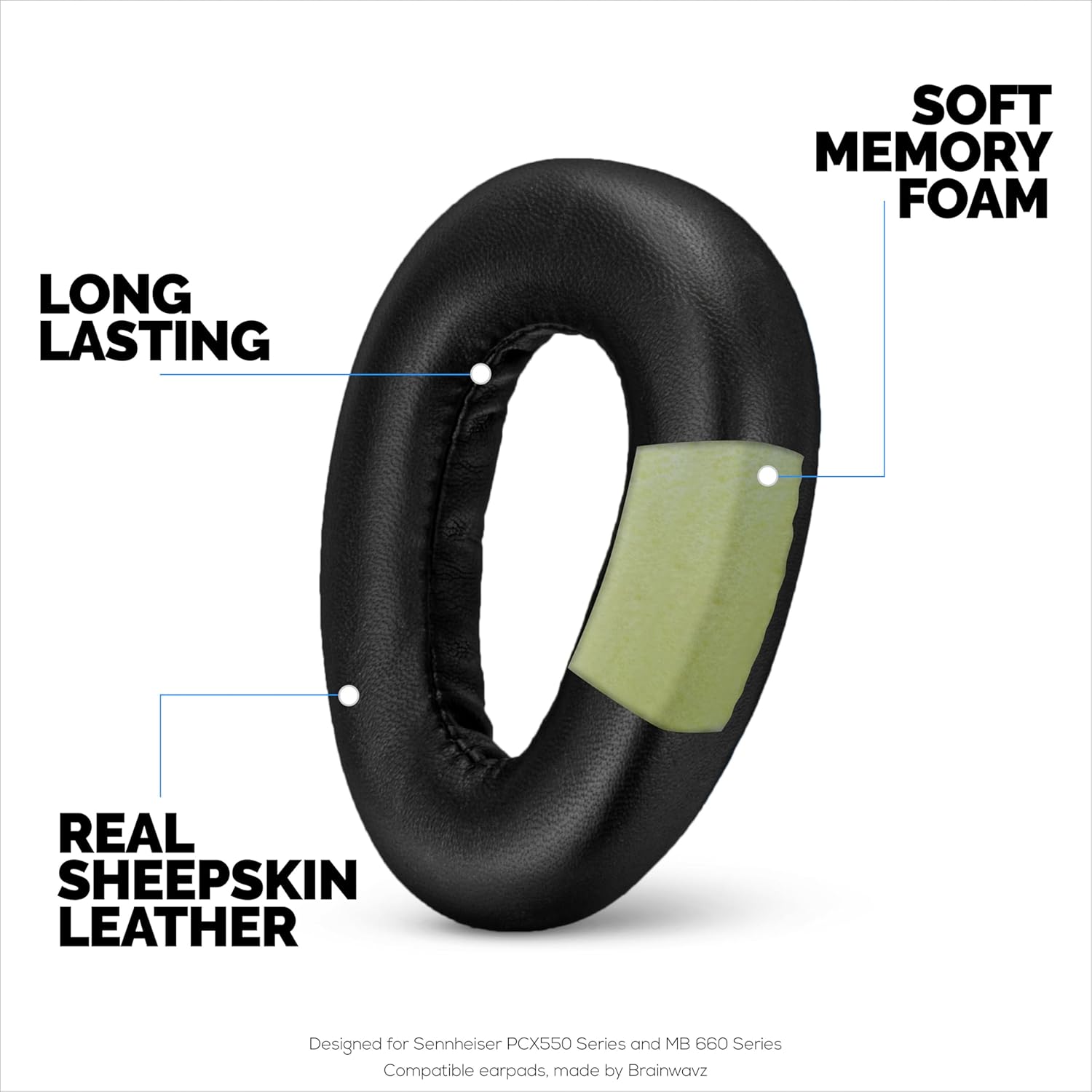 Sheepskin Leather Earpads for Sennheiser PXC480, PXC550, PXC 550-II, MB660 UC, MB 660 MC Headphones, Soft, Replacement Cushions, Extra Comfort By Brainwavz (Black) - Image 2