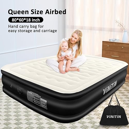 Miniatura 8 de Colchón de aire Queen con bomba integrada, colchón inflable elevado de 18 pulgadas Queen con autoinflado, cama de aire superior flocada para