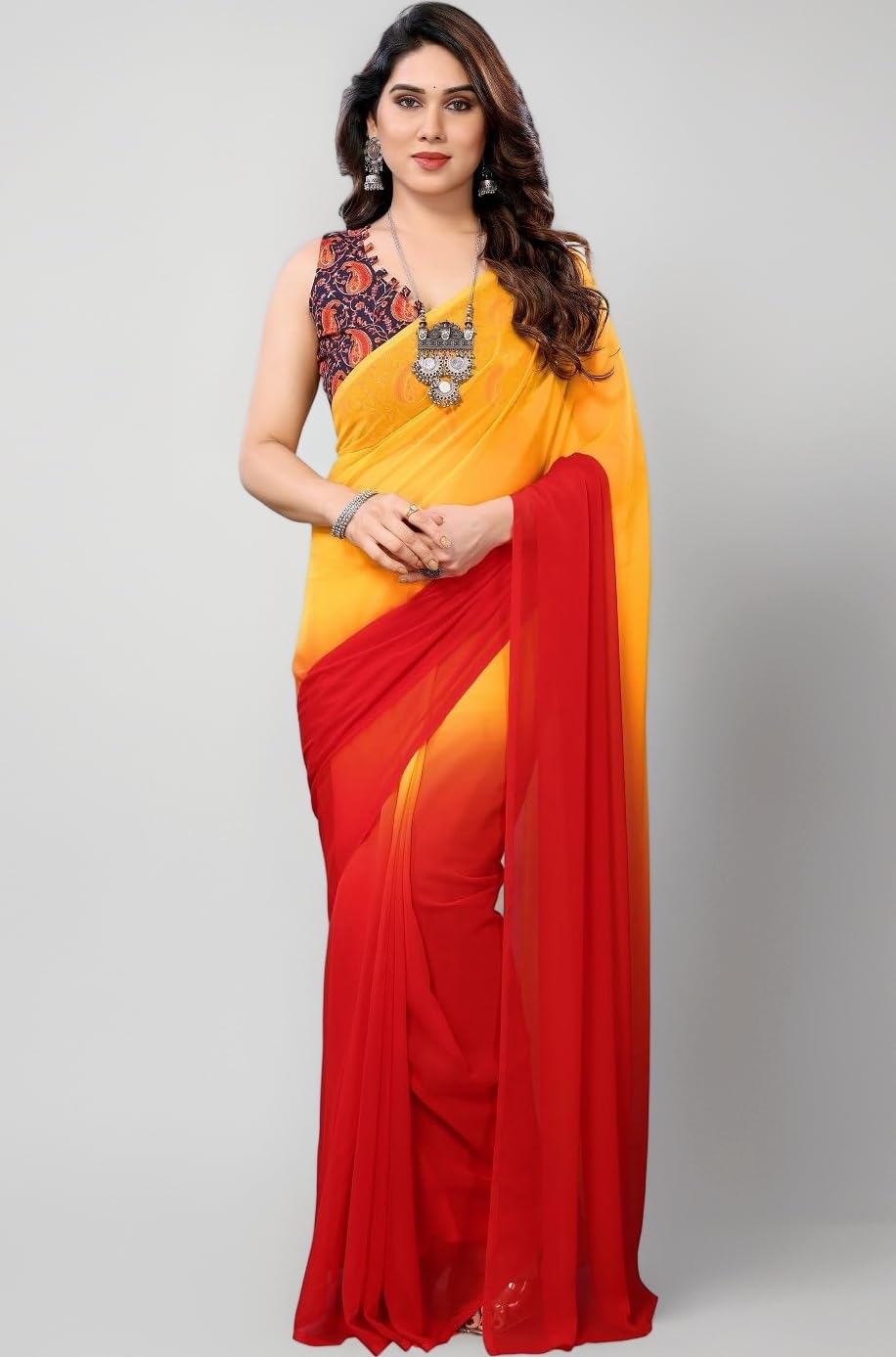 RAJESHWAR FASHION WITH RF Women's Printed Georgette Sarees For Ladies & College Girls Farewell With Lace Border & Blouse