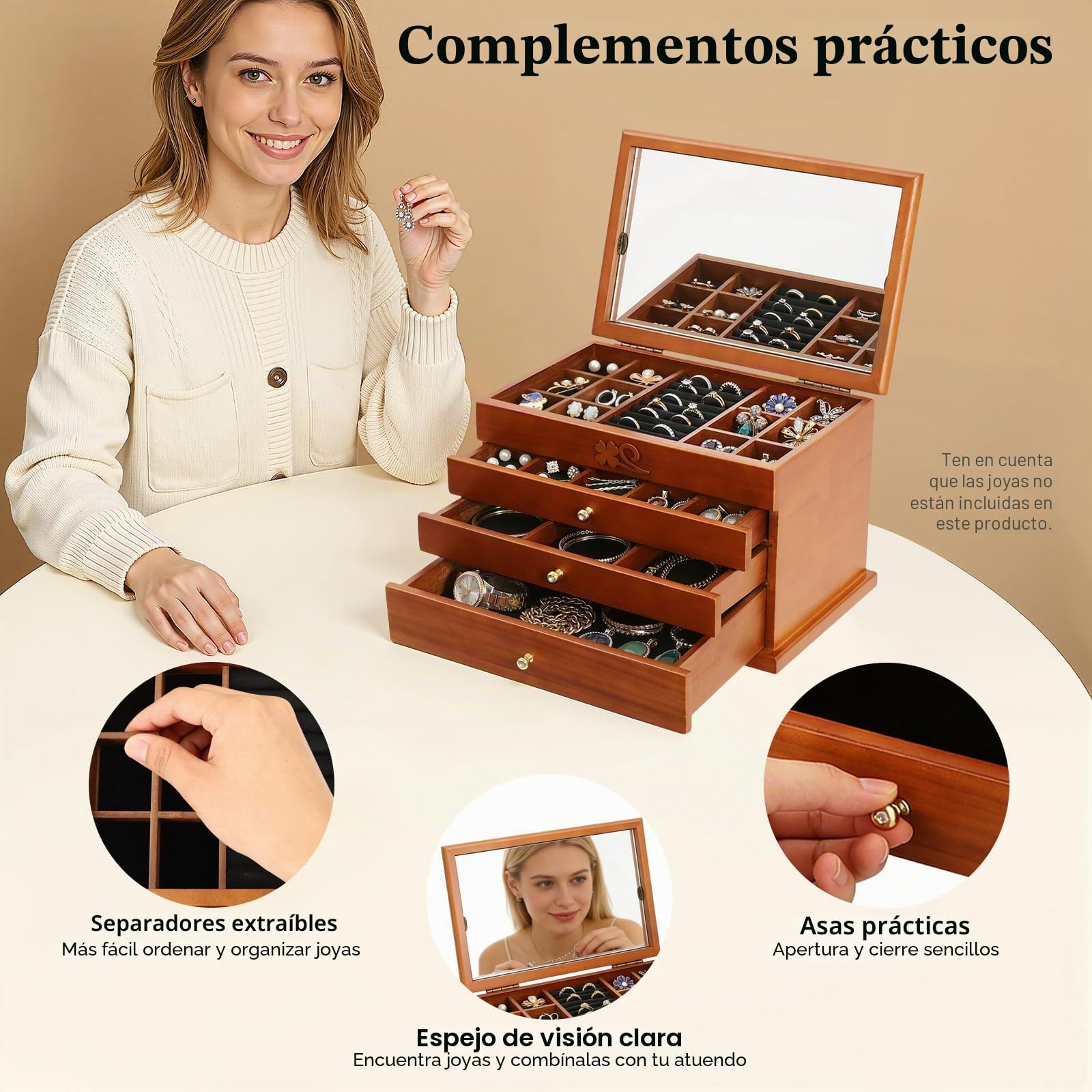 Joyero para mujer, joyero grande con 4 niveles, de madera, 31 x 19,3 x 19,7 cm, con asa para anillos, pendientes, collares, pulseras, etc