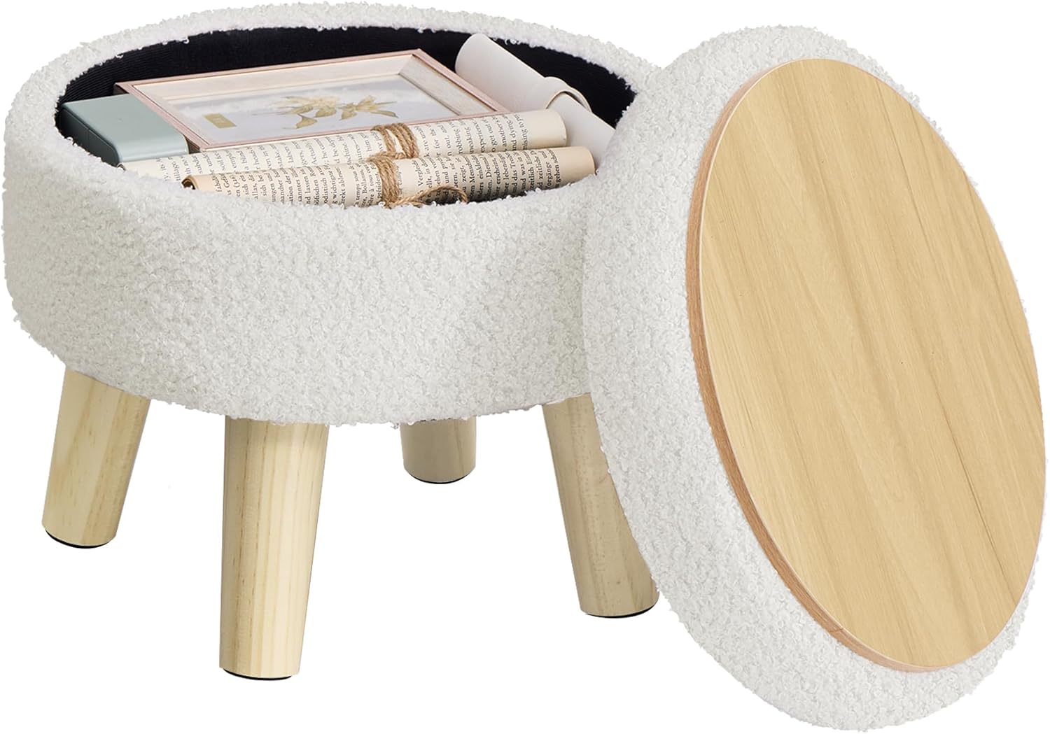 SONGMICS Storage Ottoman, Foot Stool, Round Ottoman with Padded Seat, Foot Rest with Wood Legs, Small Table, for Hallway, Living Room, 12.2 Inches, Te