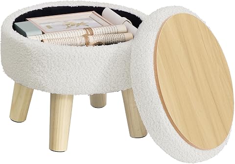 SONGMICS Storage Ottoman, Foot Stool, Foot Rest with Wood Legs | Small Table for Hallway, Living Room, 12.2 Inches, Teddy Fleece, White ULOM515WD01