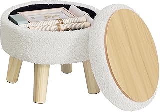 SONGMICS Storage Ottoman, Foot Stool, Round Ottoman with Padded Seat, Foot Rest with Wood Legs, Small Table, for Hallway, ...