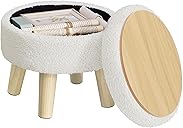 SONGMICS Storage Ottoman, Foot Stool, Round Ottoman with Padded Seat, Foot Rest with Wood Legs, Small Table, for Hallway, Living Room, 12.2 Inches, Teddy Fleece, White ULOM515WD01