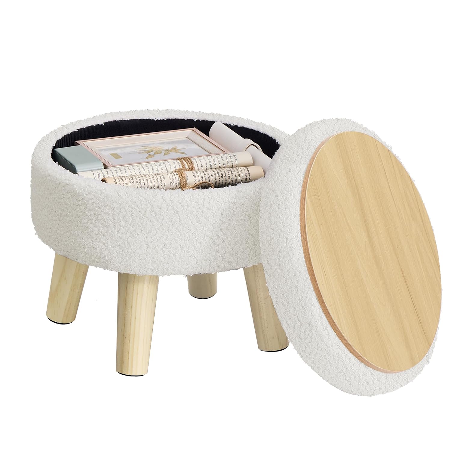 SONGMICS Storage Ottoman, Foot Stool, Round Ottoman with Padded Seat, Foot Rest with Wood Legs, Small Table, for Hallway, ... - Review, Price and Buying Guide