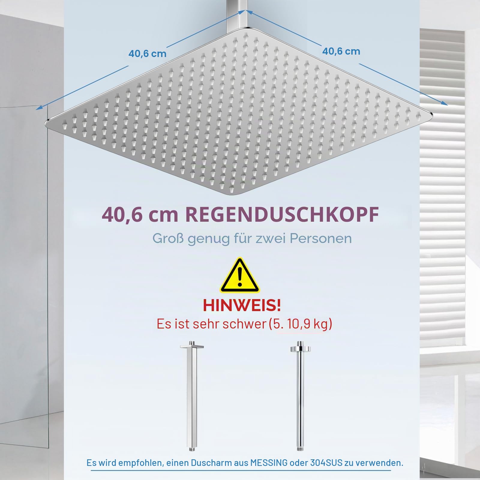 40CM Duschkopf Regendusche Groß Poliertes Chrom, 304 Edelstahl Wasserfall Duschkopf Wassersparend, Mit 324 Anti Kalk Düsen, 360° Verstellbarer 16 Zoll Regenduschkopf Eckig