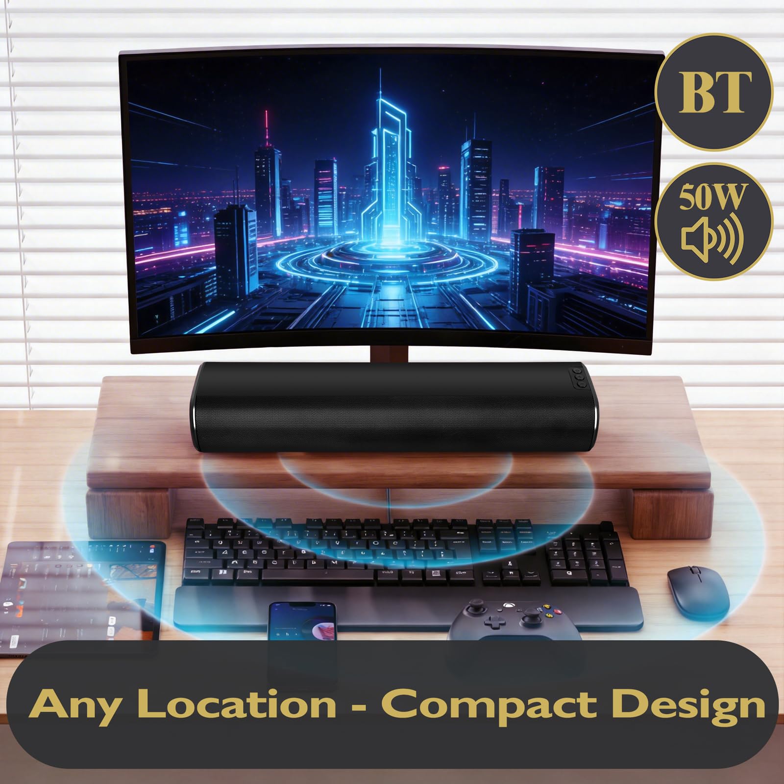 LEMEGA Edge X 2.0 - Barra de sonido para TV con HDMI ARC, altavoz potente de 50 W RMS, transmisión Bluetooth, óptica, AUX y USB, barra de sonido compacta de montaje en pared para juegos y más