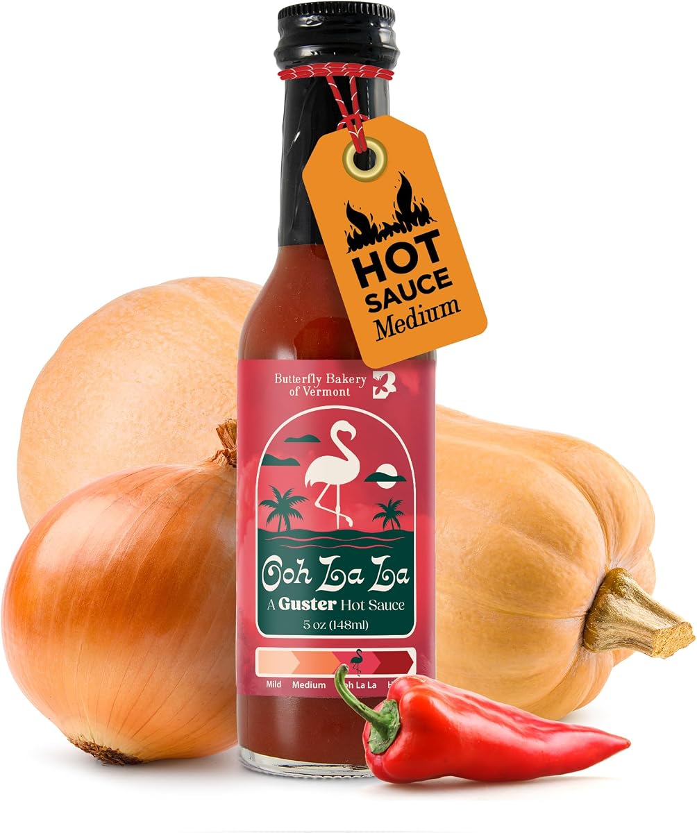 Butterfly Bakery of Vermont Ooh La La Hot Sauce, 5 fl oz | Medium-hot heat, red jalapeños, smoked onions, butternut squash, vegan and vegetarian, wraps tacos and roasted vegetables
