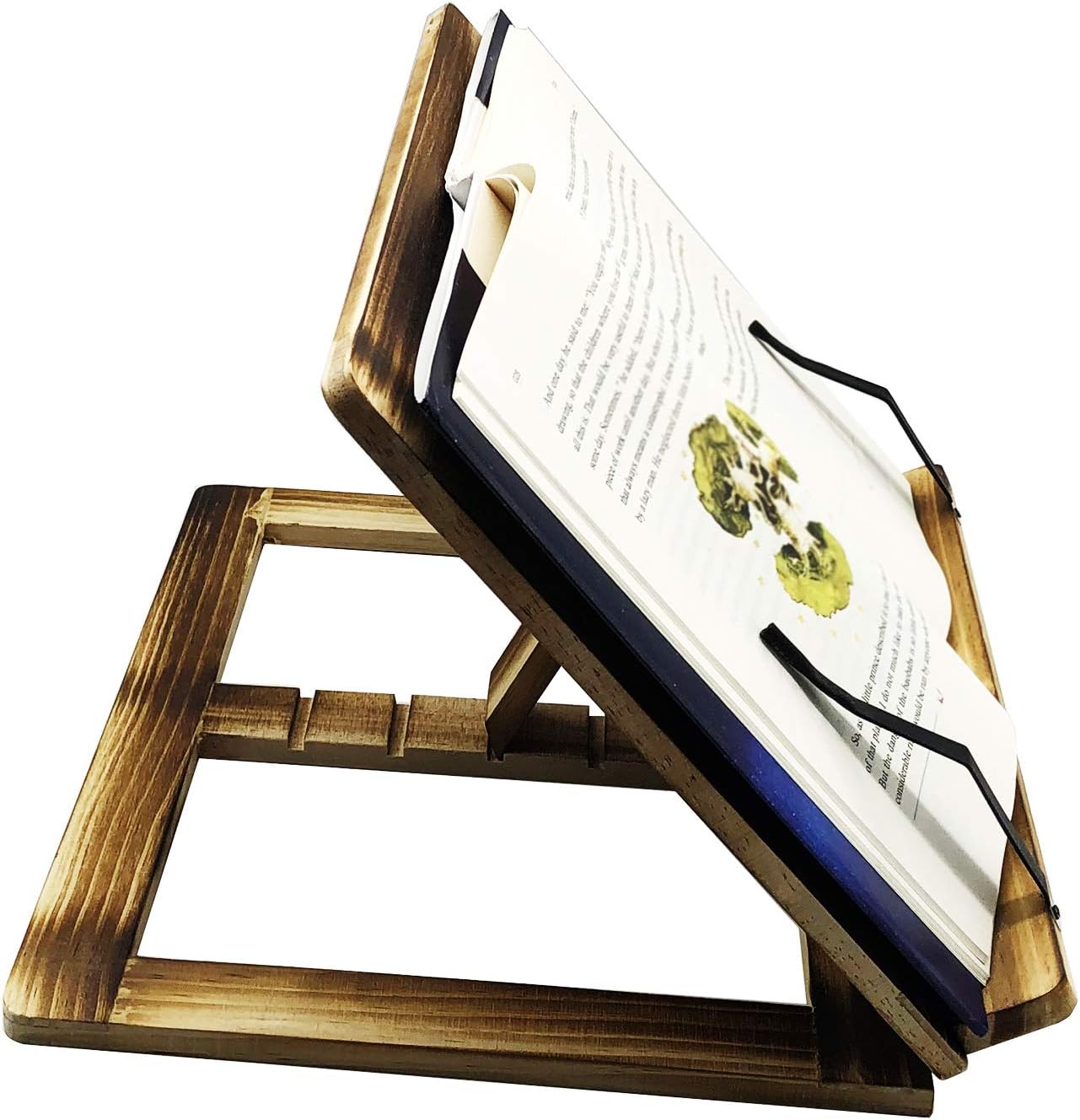 Wooden Book Stand Reading Rest Cook Book Document Stand Holder Bookrest - Carbonized Wood with Steel Tip