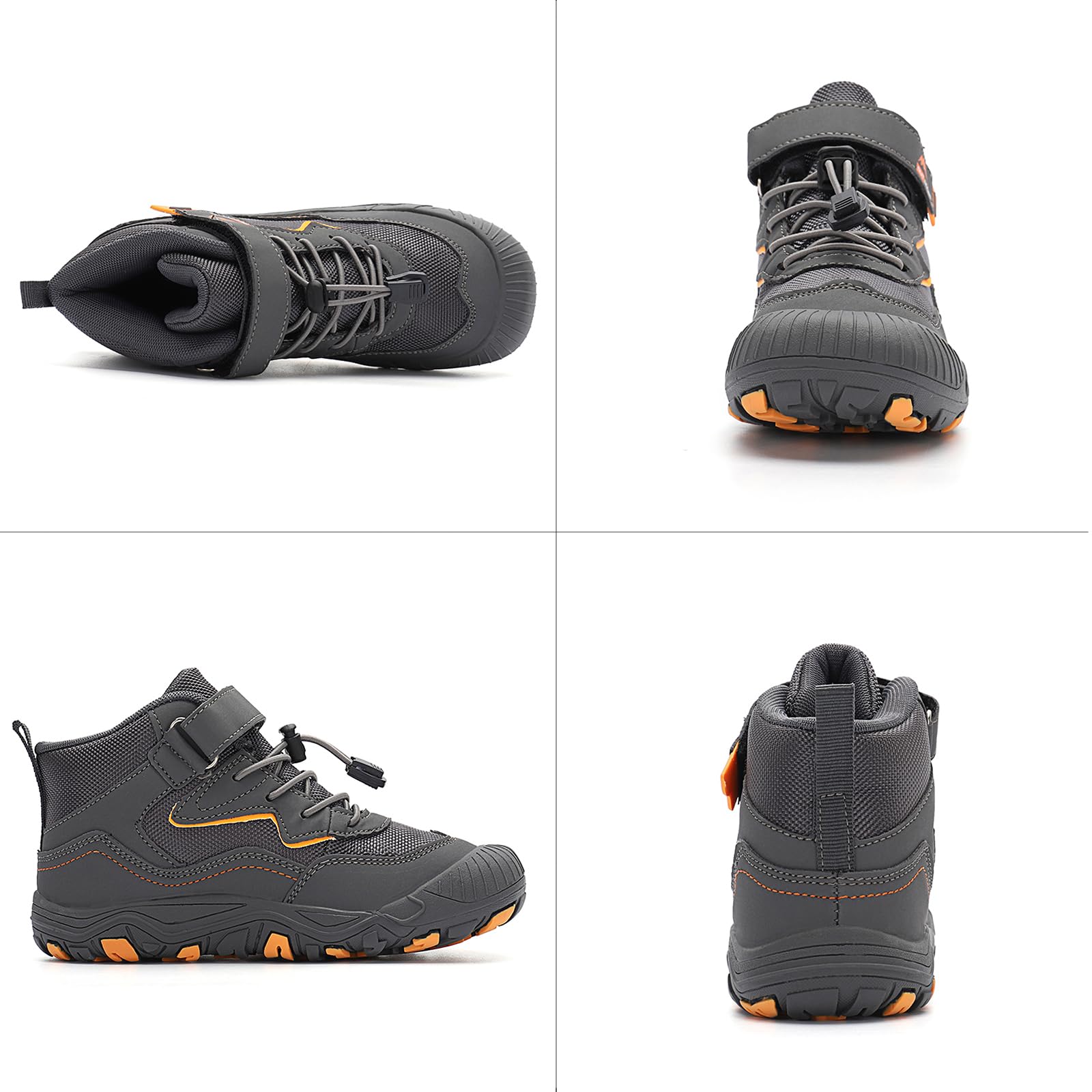 FLIOZY Kids Hiking Boots Boys Girls Mid-Top Outdoor Waterproof Non-Slip Breathable Sneakers with Anti-Collision Toe and Hook-and-Loop Closure Grey