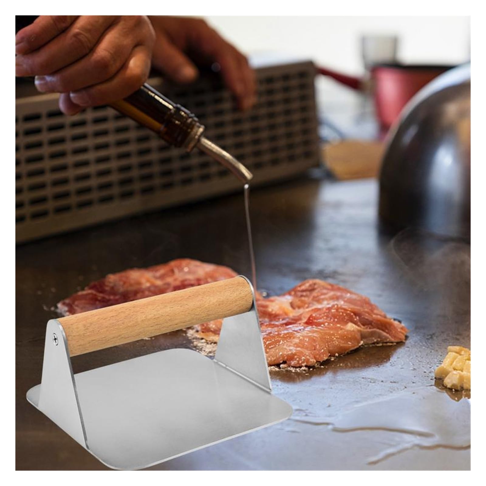 Pressa per Hamburger con Manico in Legno adiabatico Pressa per Hamburger in Acciaio Inox Pressa per Hamburger Professionale Pressa per Hamburger Quadrata Rotonda per Pancetta Pressa per