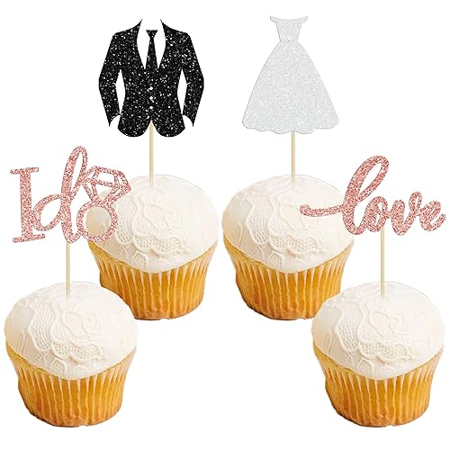 Gyufise Paquete de 24 adornos para cupcakes de boda con purpurina para novio y novia Love I Do para despedidas de soltera, bodas, compromisos,