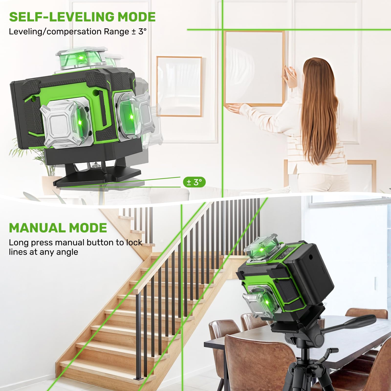 Nivel Láser Autonivelante 16 Líneas 4x360° Verde con 2 Baterías | Láser Autonivelante Profesional con Control Remoto, Modo Manual y Automático, Nivel Láser para Azulejos Techos y Pladur
