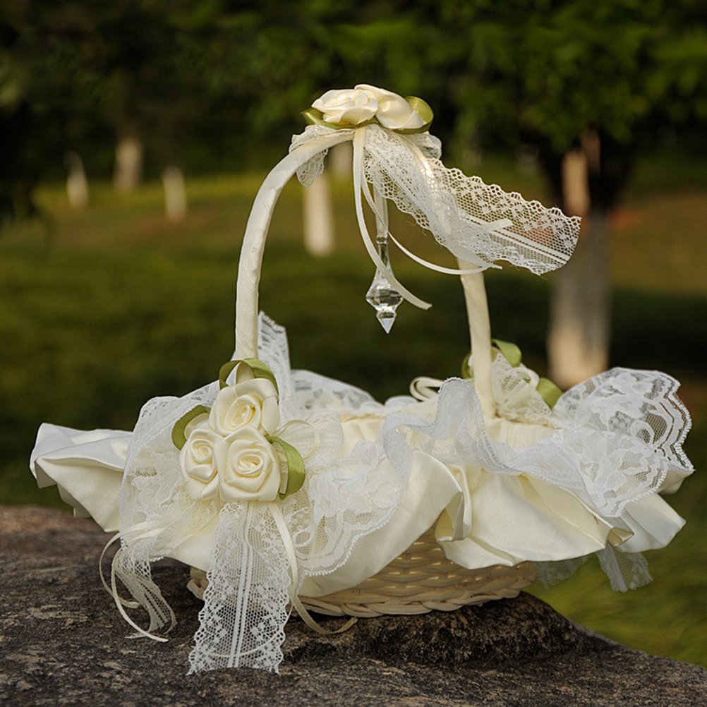 Amosfun Matrimonio Fiore Ragazza Cestino Pizzo Fiore di Rosa Cestino da Sposa per Cerimonia di Nozze Bomboniere Decorazione (Bianco Latte)