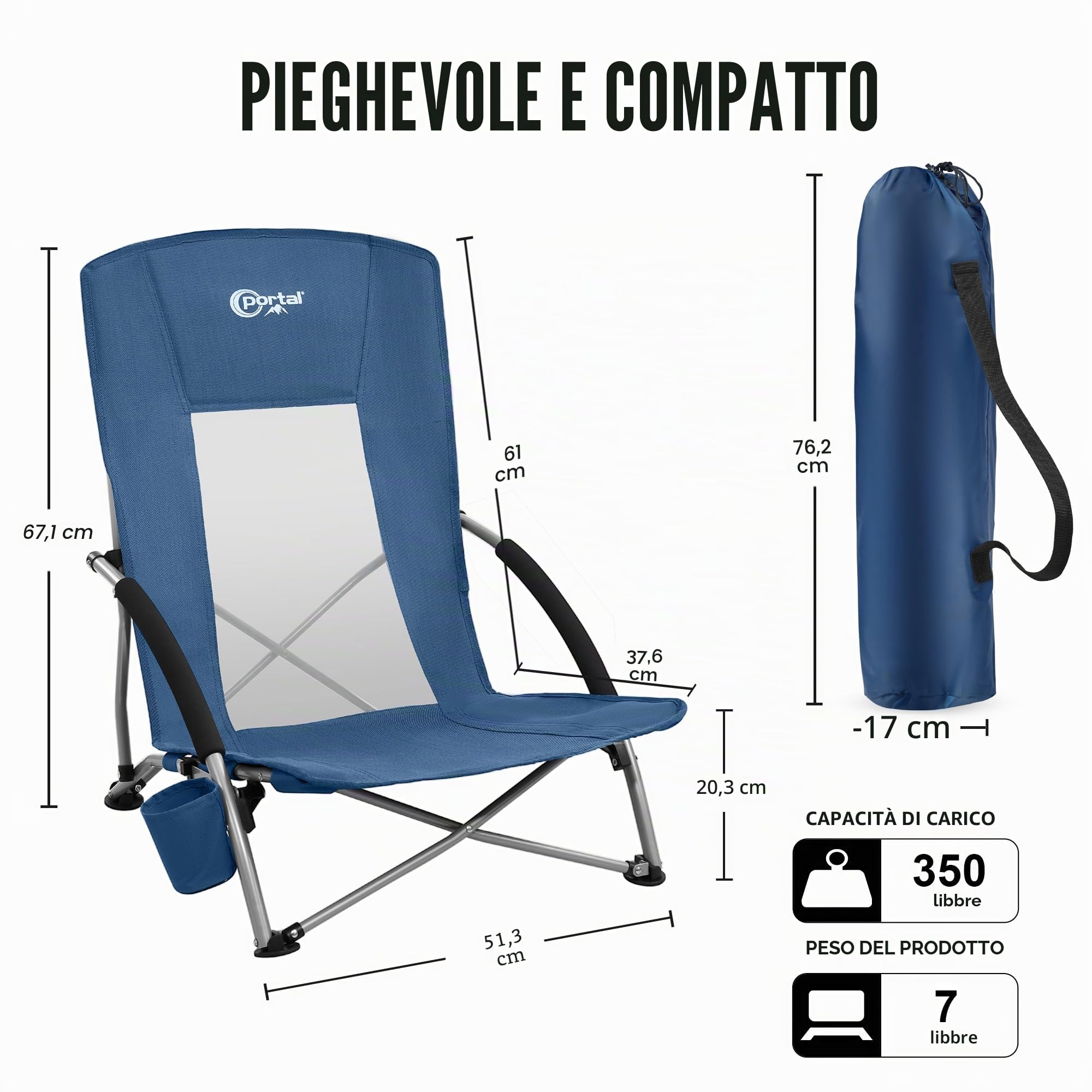 Portal Sedia da Spiaggia Pieghevole Leggera e Portatile, Supporto 150 kg Tessuto Traspirante con Borsa Trasporto Inclusa Ideale per Spiaggia, Giardino, Escursioni