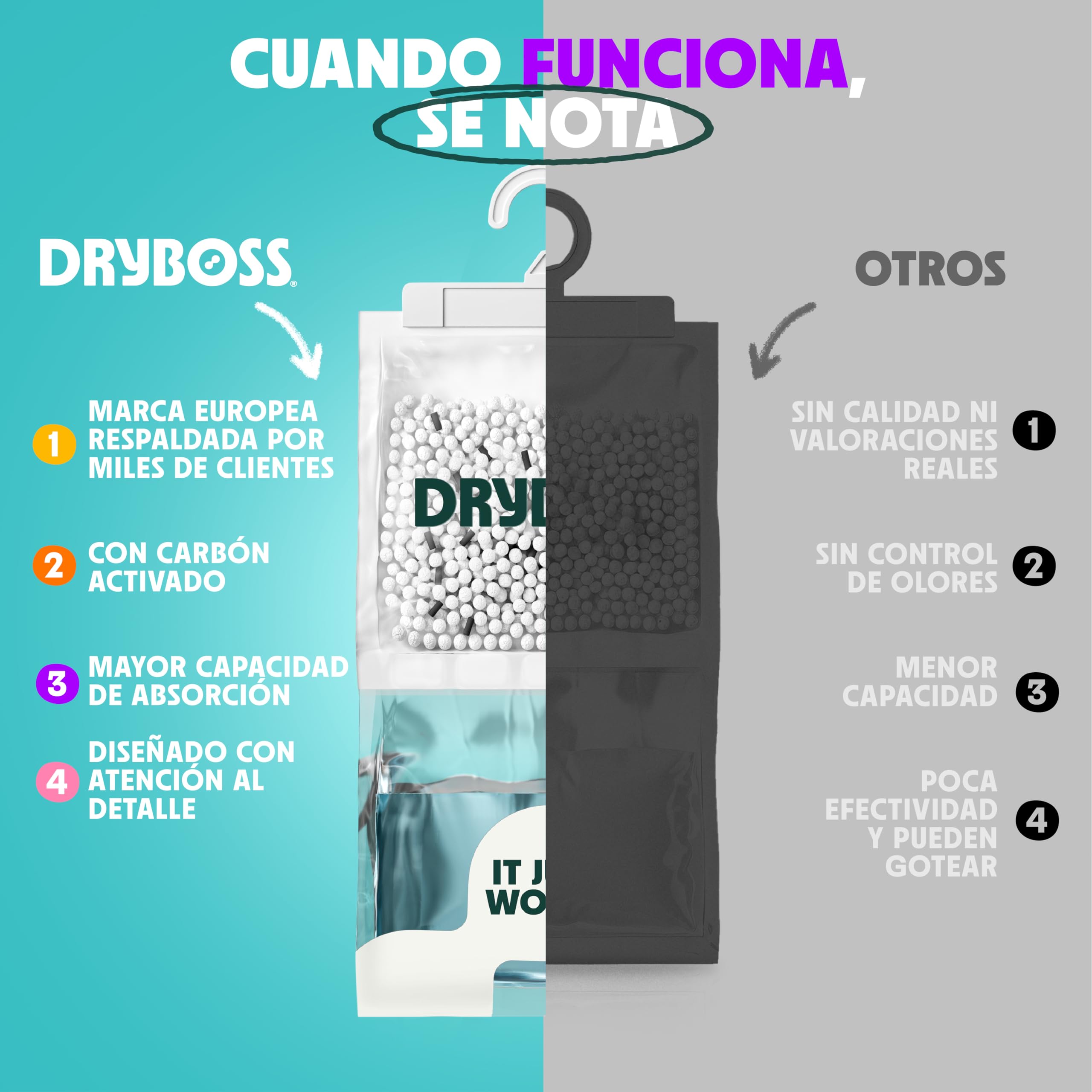 Bolsas Antihumedad Armarios XL - DRYBOSS - Deshumidificador para armario que absorbe humedad y condensación en pared, habitación, cajones y ropa, ayuda contra moho y olores - Pack 10 (2,5 kg) — view 5