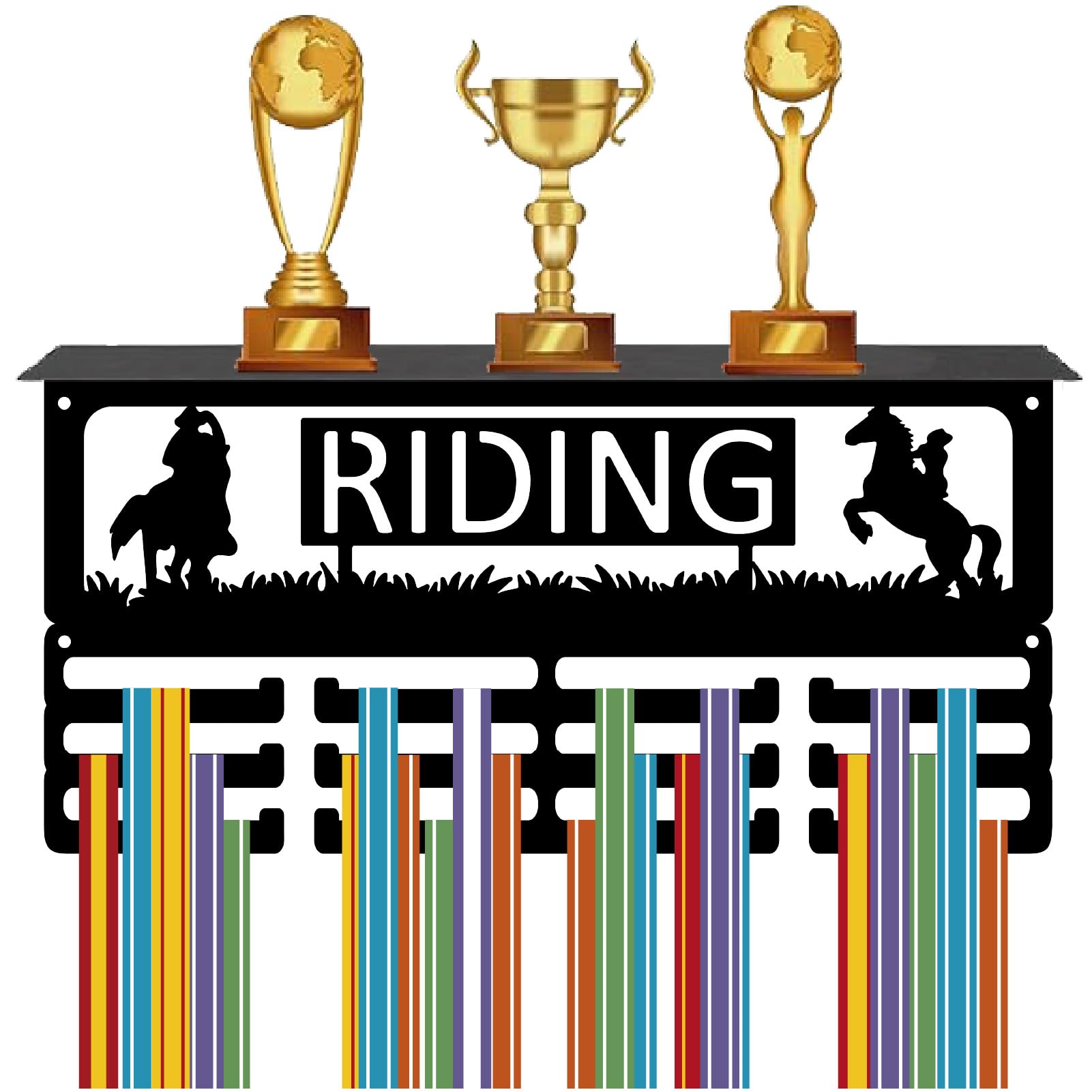 CREATCABIN Medaillenaufhänger Für Pferde Trophäenregal Mit 12 Haken Reitsport Medaillenhalter Aus Metall Zur Wandmontage Für 60+ Bänder Organisationsregal Mit Regal Für Preisverleiher 40x20x10cm