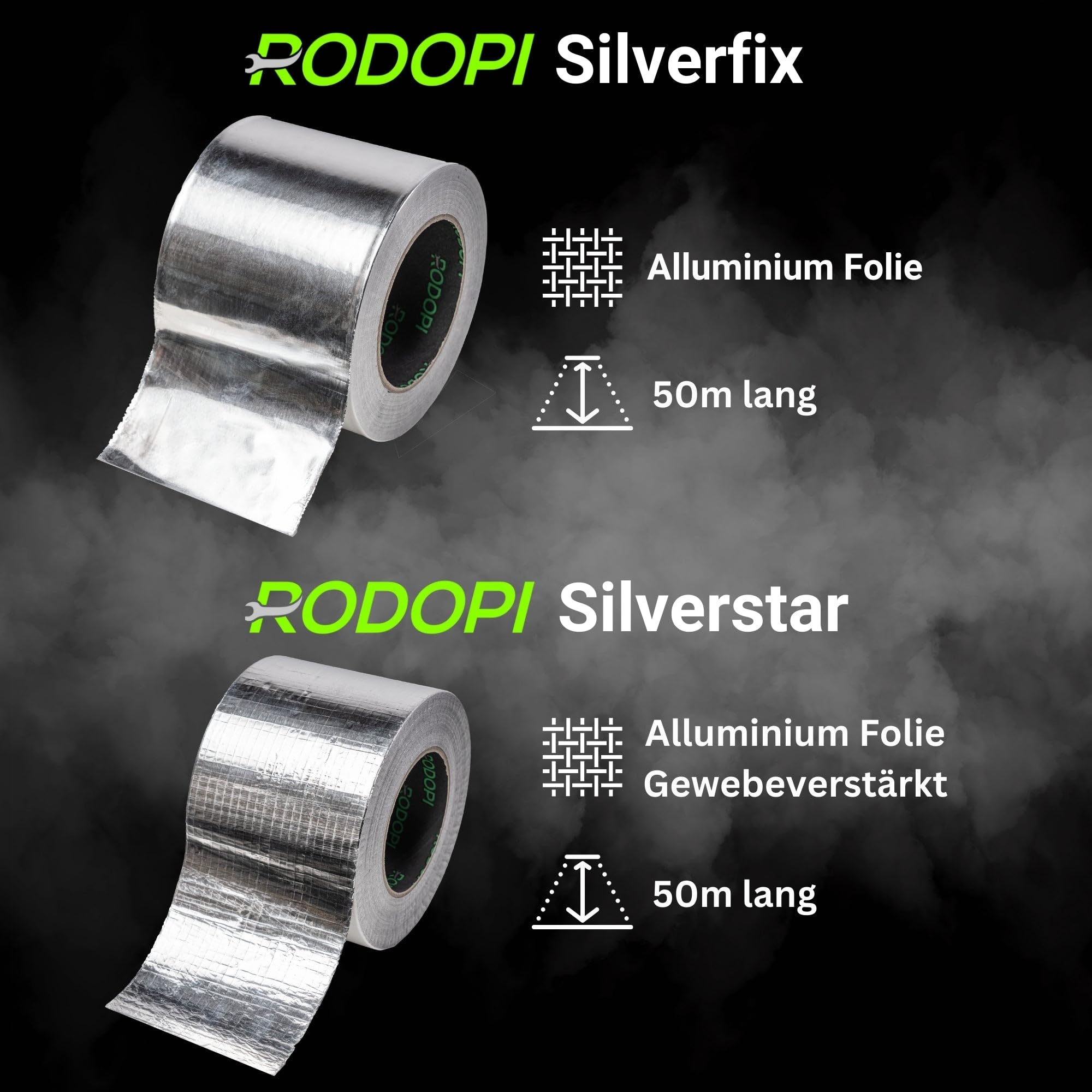 RODOPI Alu Klebeband 25mm 50mm 75mm 100mm Hitzebeständiges Klebeband 50m Aluminium Klebeband Gewebe verstärkt Aluband wasserfest Alu Dichtband extra stark