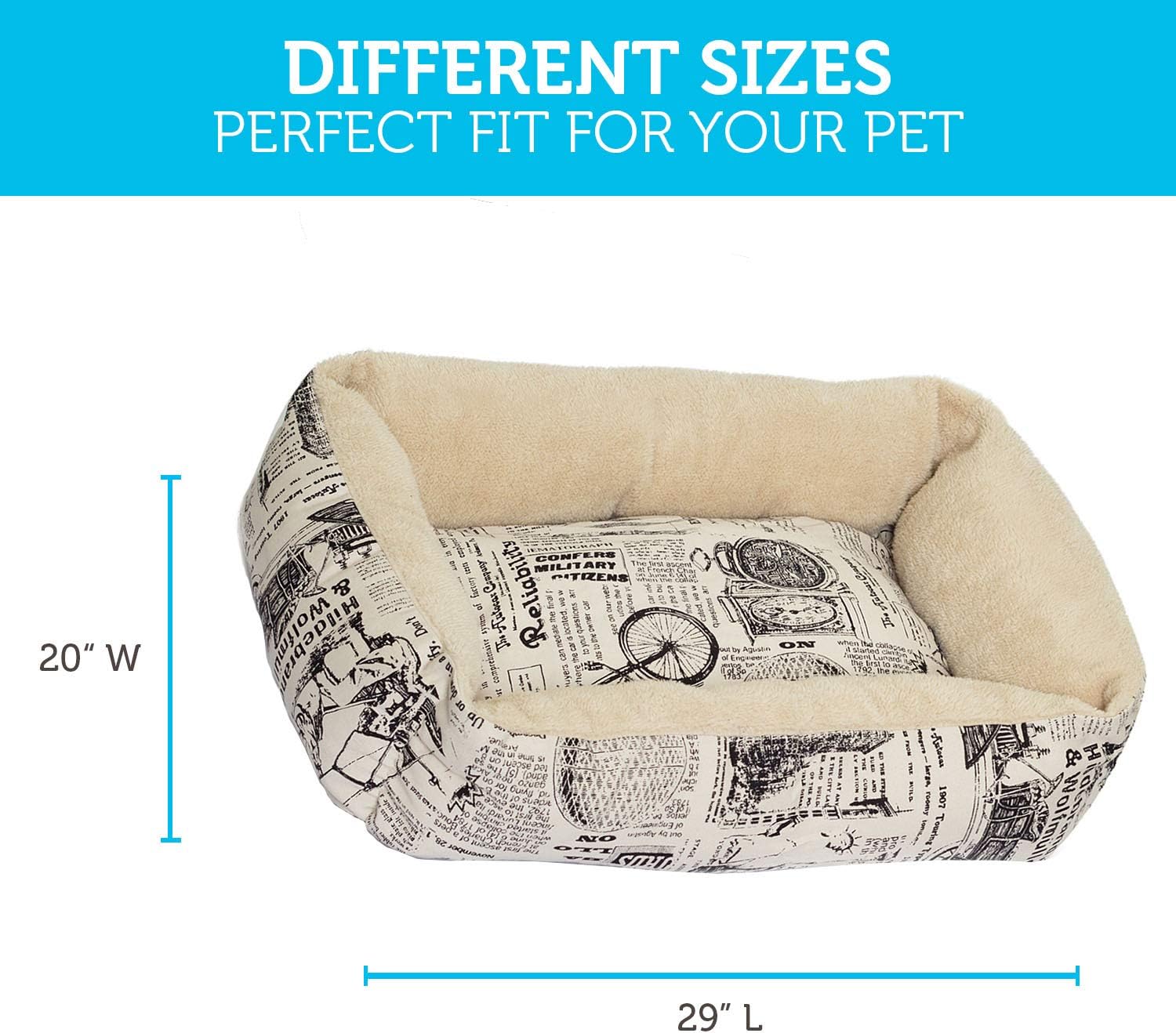 Paws & Pals Pet Bed for Cat and Dog Crate Pad - Deluxe Premium Bedding with Cozy Inner Cushion- Durable Model - 1800's Newspaper Design – Large - 21"x17"x5.5" Inches
