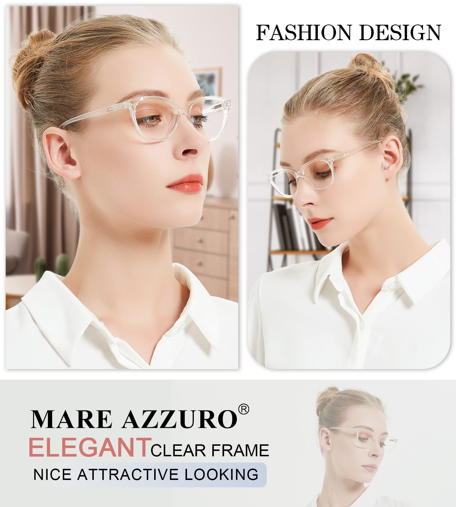 MARE AZZURO Women's Reading Glasses Stylish Glossy Reader Female 0 1.0 1.5 2.0 2.5 3.0 3.5 4.0 5.0 6.0 (Transparent 150)