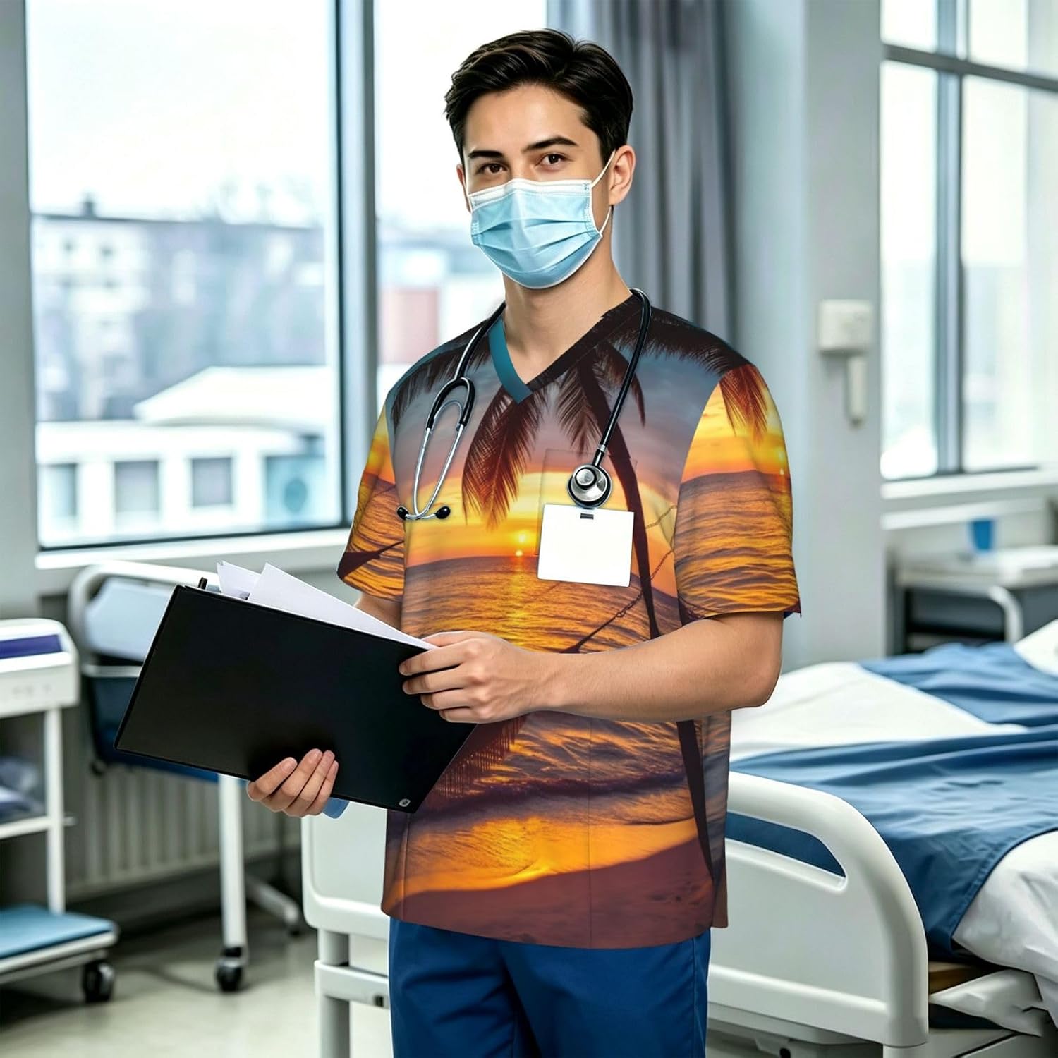 Professional Scrub Tops for Men, Classic V-Neck Workwear with 3 Pockets