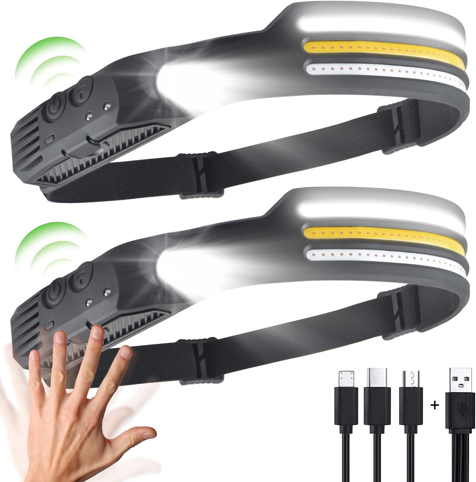 2 Lampade Frontali Ricaricabili USB - 600 Lumen, Impermeabili, Con Sensore Di Movimento