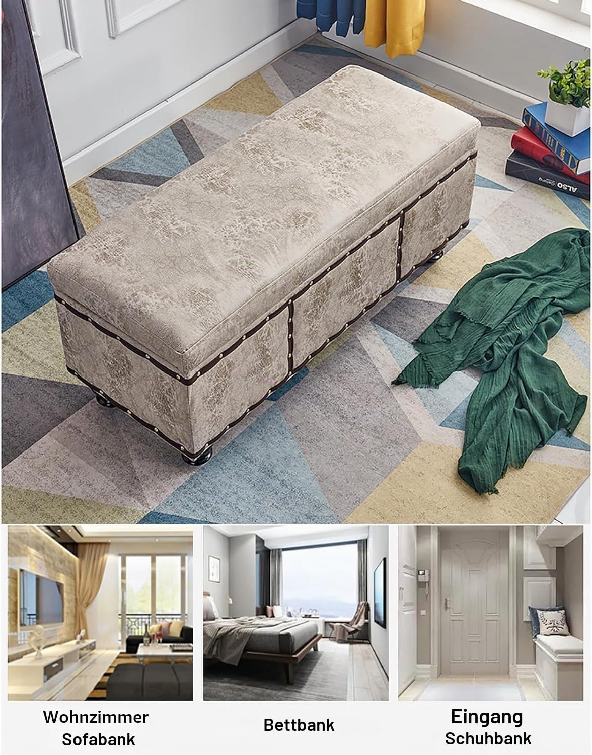 Shally Dogan Sitztruhe für den Innenbereich mit gepolstertem Sitz, Bezug aus Nubukleder, Fußhocker für Schlafzimmer, Wohnzimmer, 80 x 40 x 43 cm (Khaki)
