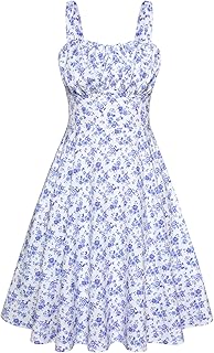 Women's Vintage Sleeveless Solid Floral Ruched Summer Cute A-Line Flowy Swing Midi Dress