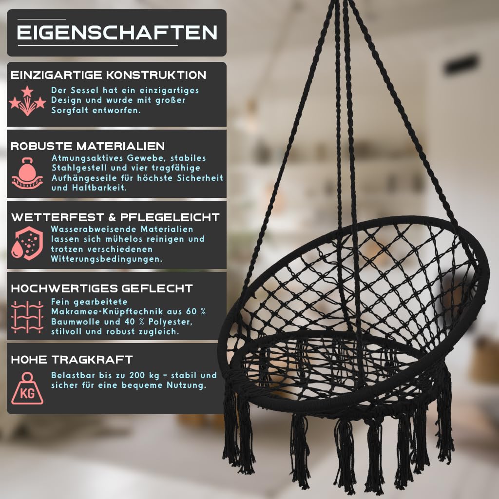 Hängesessel 200kg zum Aufhängen | Schaukelkorb | Hängekorb wetterfest | Hängestuhl Indoor & Outdoor (Schwarz)